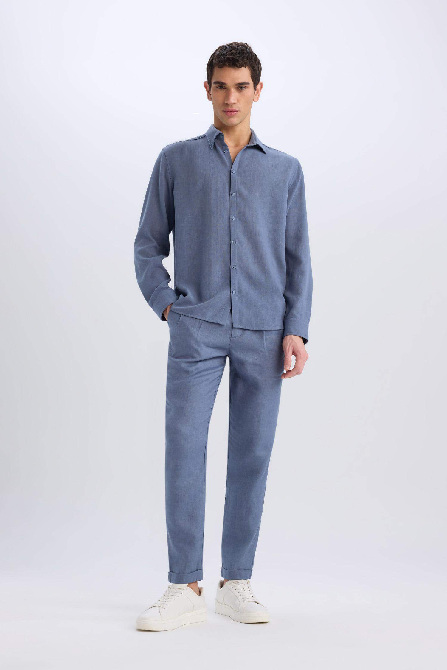 بنطلون كتان صيفي كروب بساق مزدوج نيلي فاتح