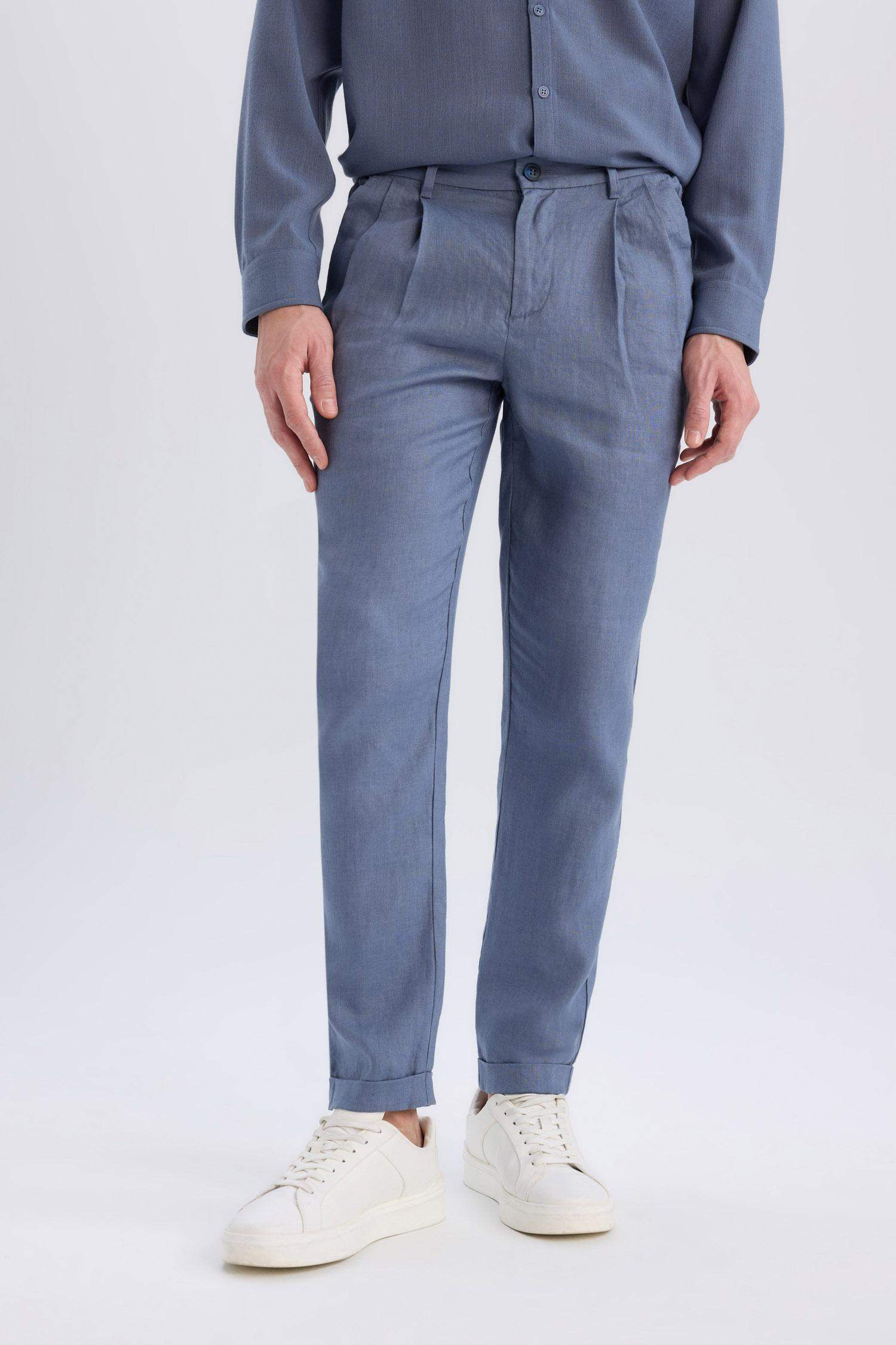 بنطلون كتان صيفي كروب بساق مزدوج نيلي فاتح