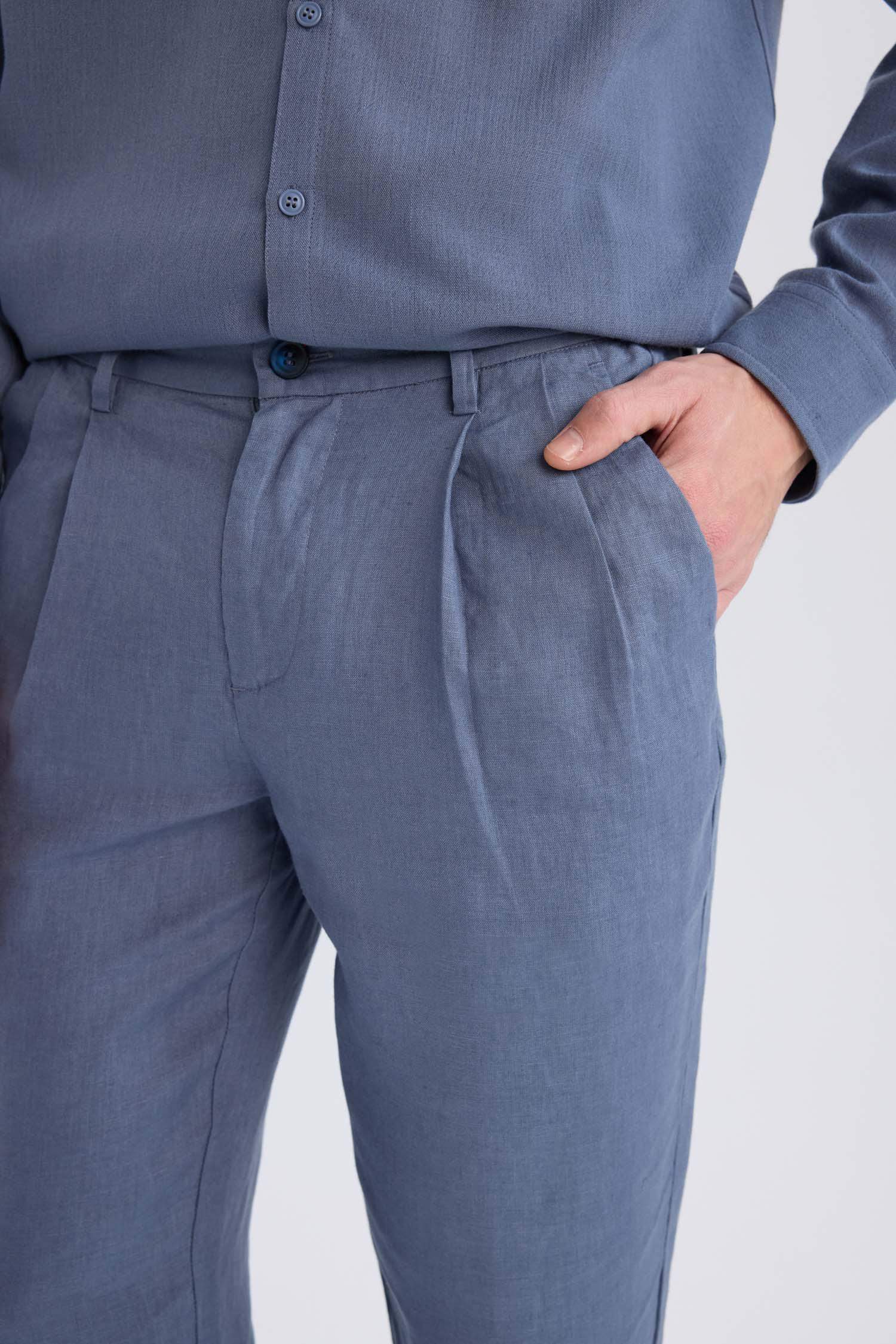 بنطلون كتان صيفي كروب بساق مزدوج نيلي فاتح