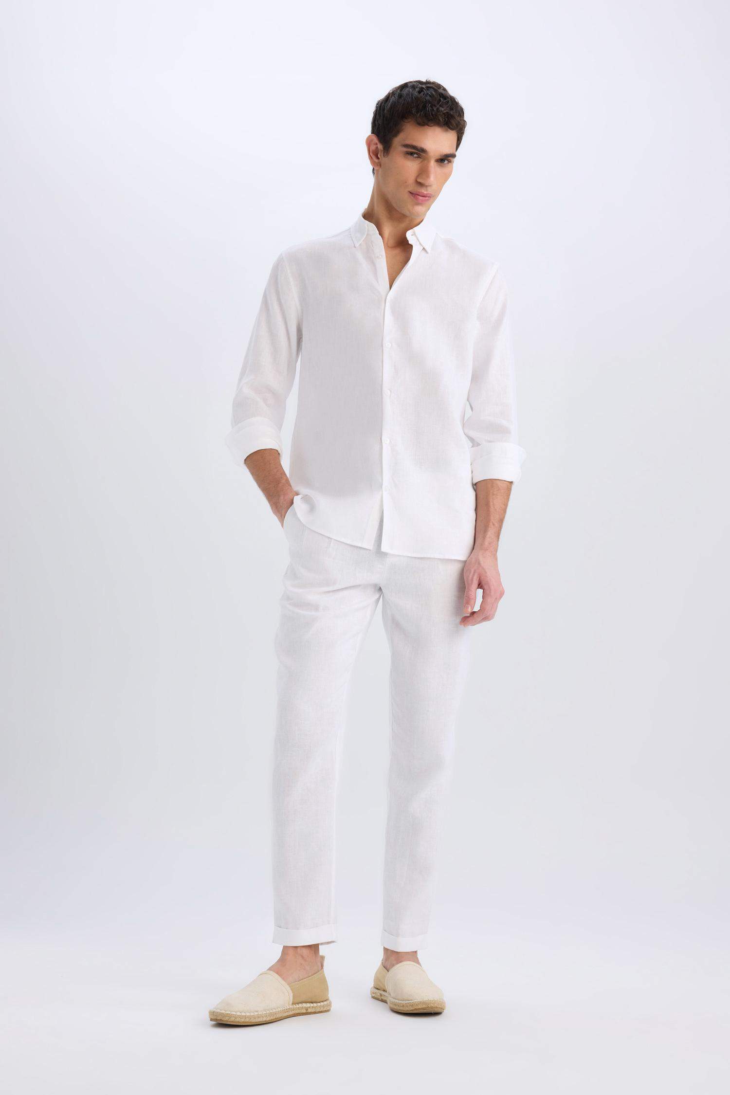 %100 Keten Normal Kesim Crop Duble Paça Yazlık Beyaz Kumaş Pantolon