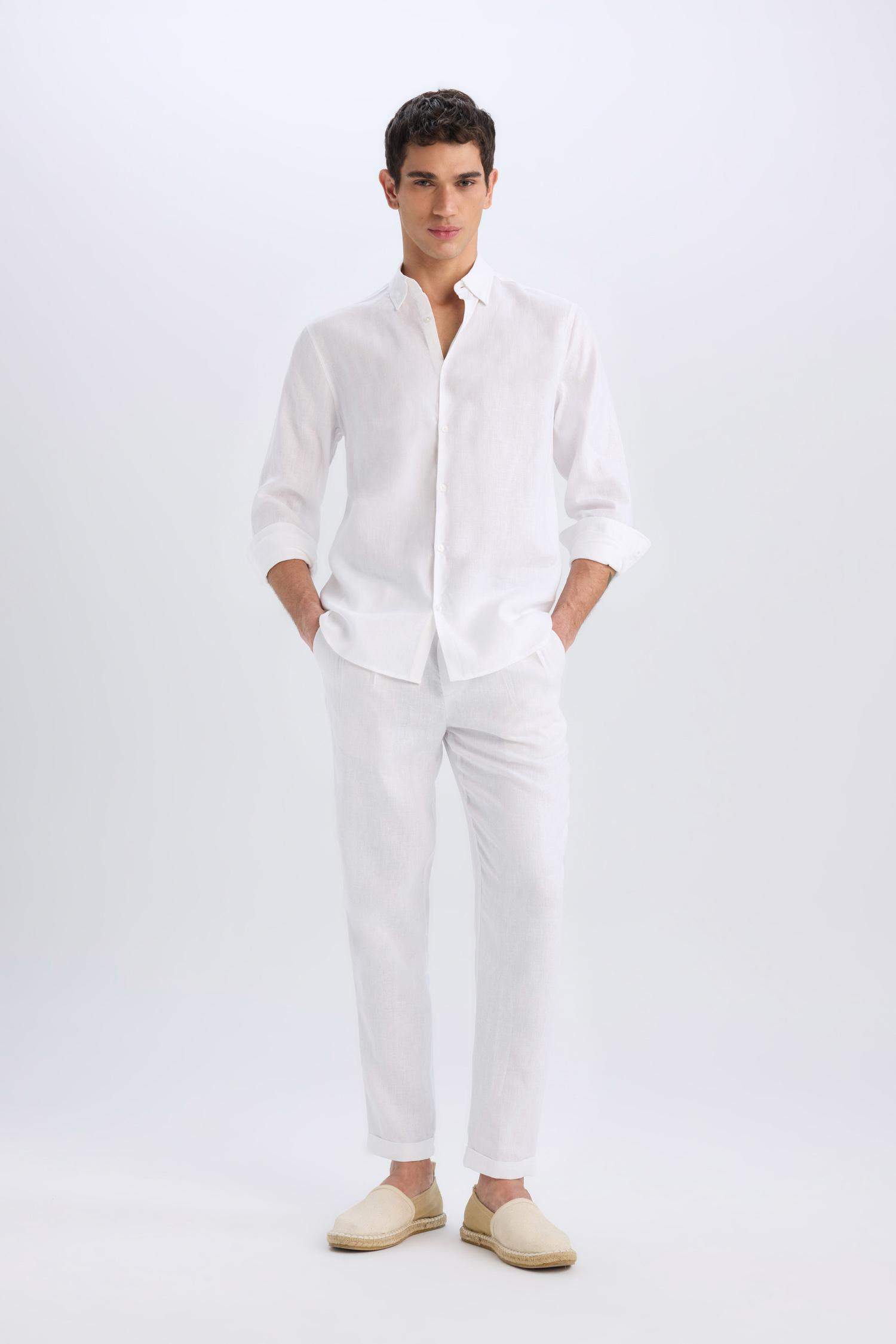 %100 Keten Normal Kesim Crop Duble Paça Yazlık Beyaz Kumaş Pantolon