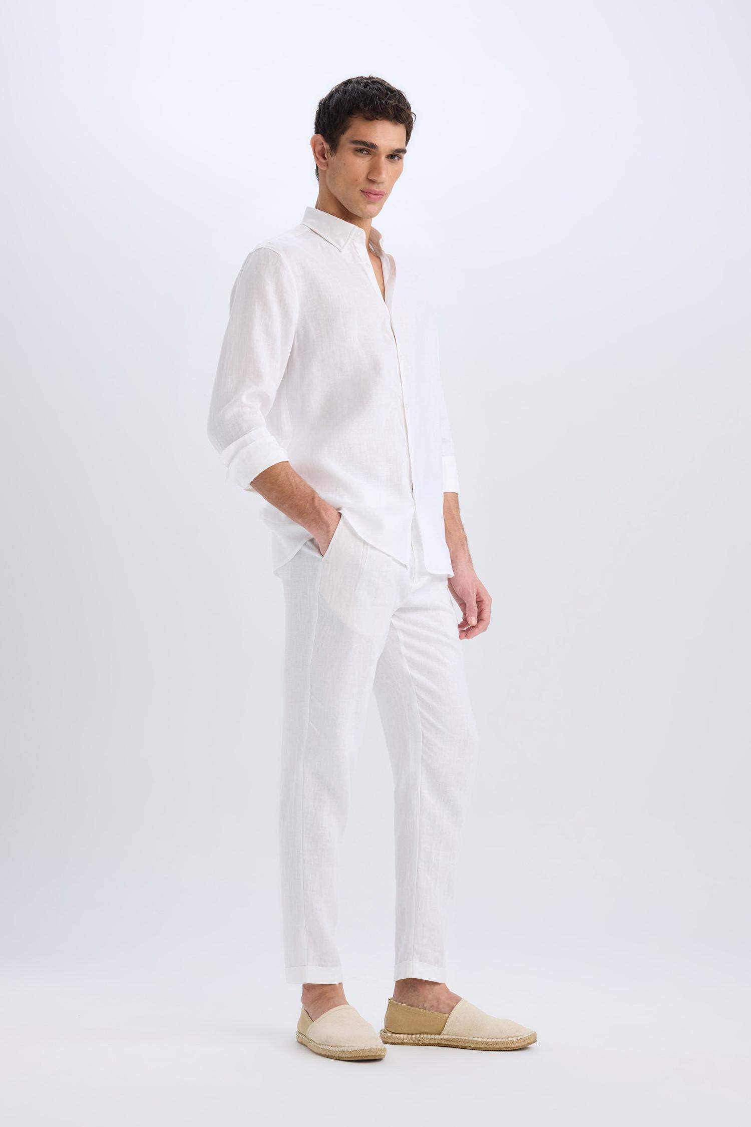 %100 Keten Normal Kesim Crop Duble Paça Yazlık Beyaz Kumaş Pantolon