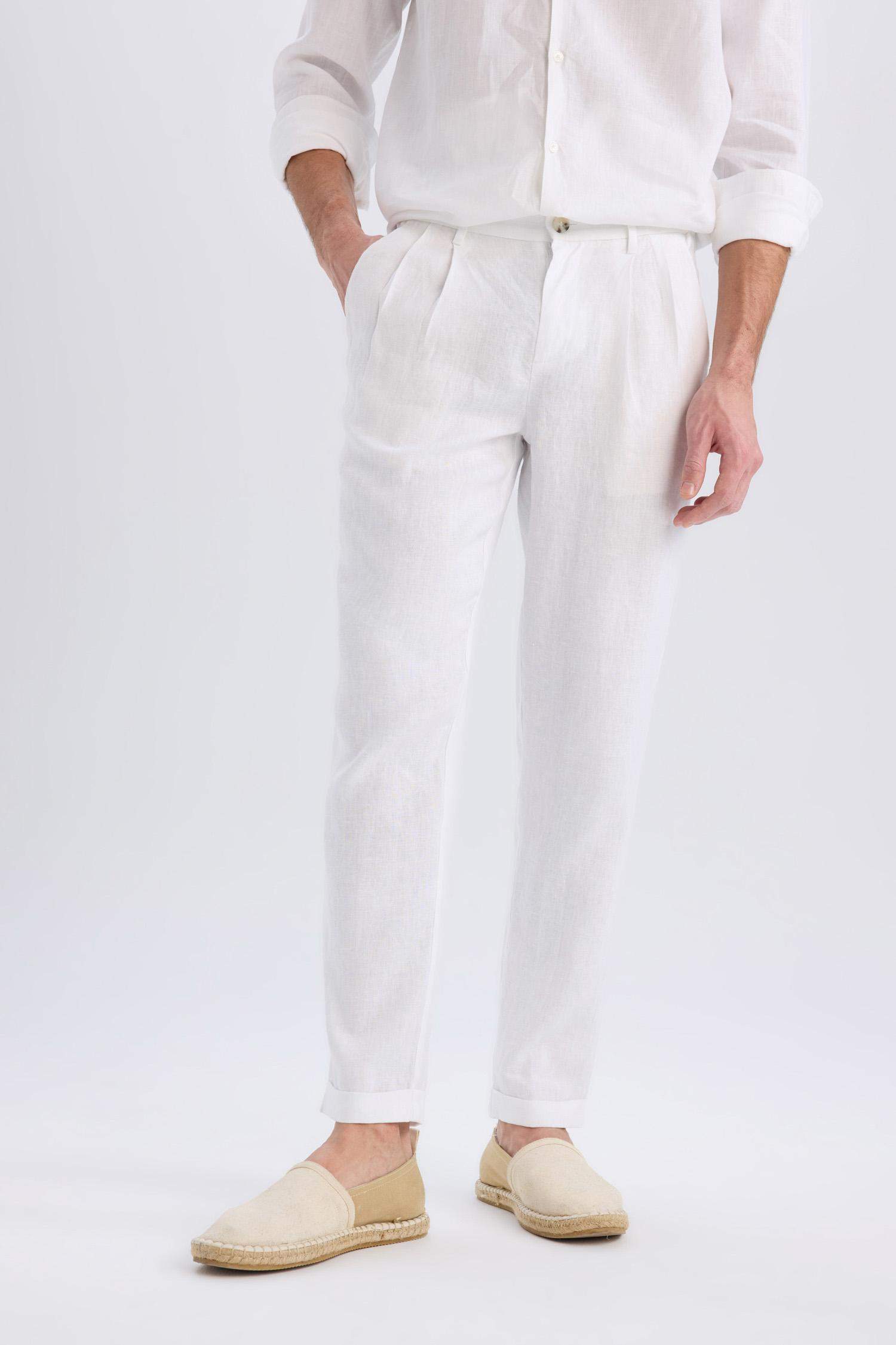 %100 Keten Normal Kesim Crop Duble Paça Yazlık Beyaz Kumaş Pantolon