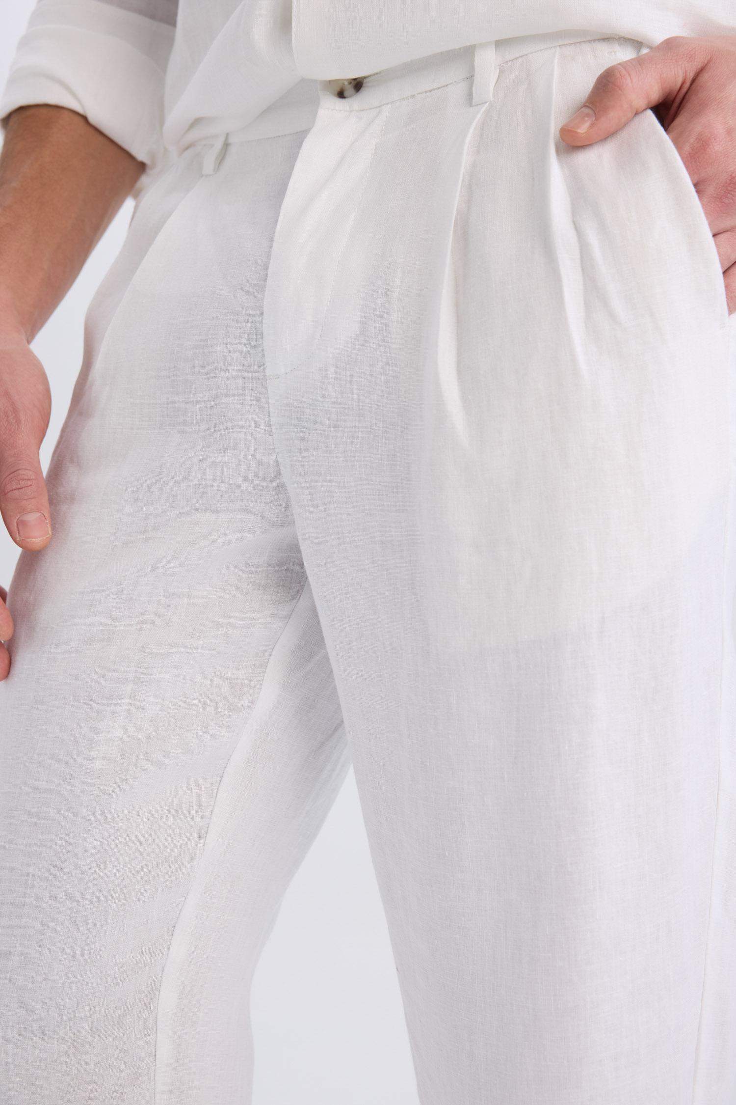 %100 Keten Normal Kesim Crop Duble Paça Yazlık Beyaz Kumaş Pantolon