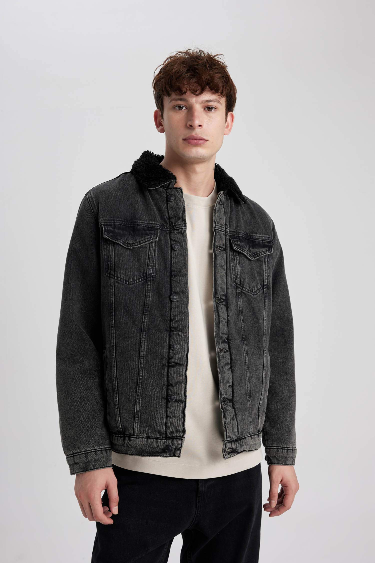 Slim Fit Dar Kesim Suni Kürklü Yaka Düğmeli Cepli Jean Ceket