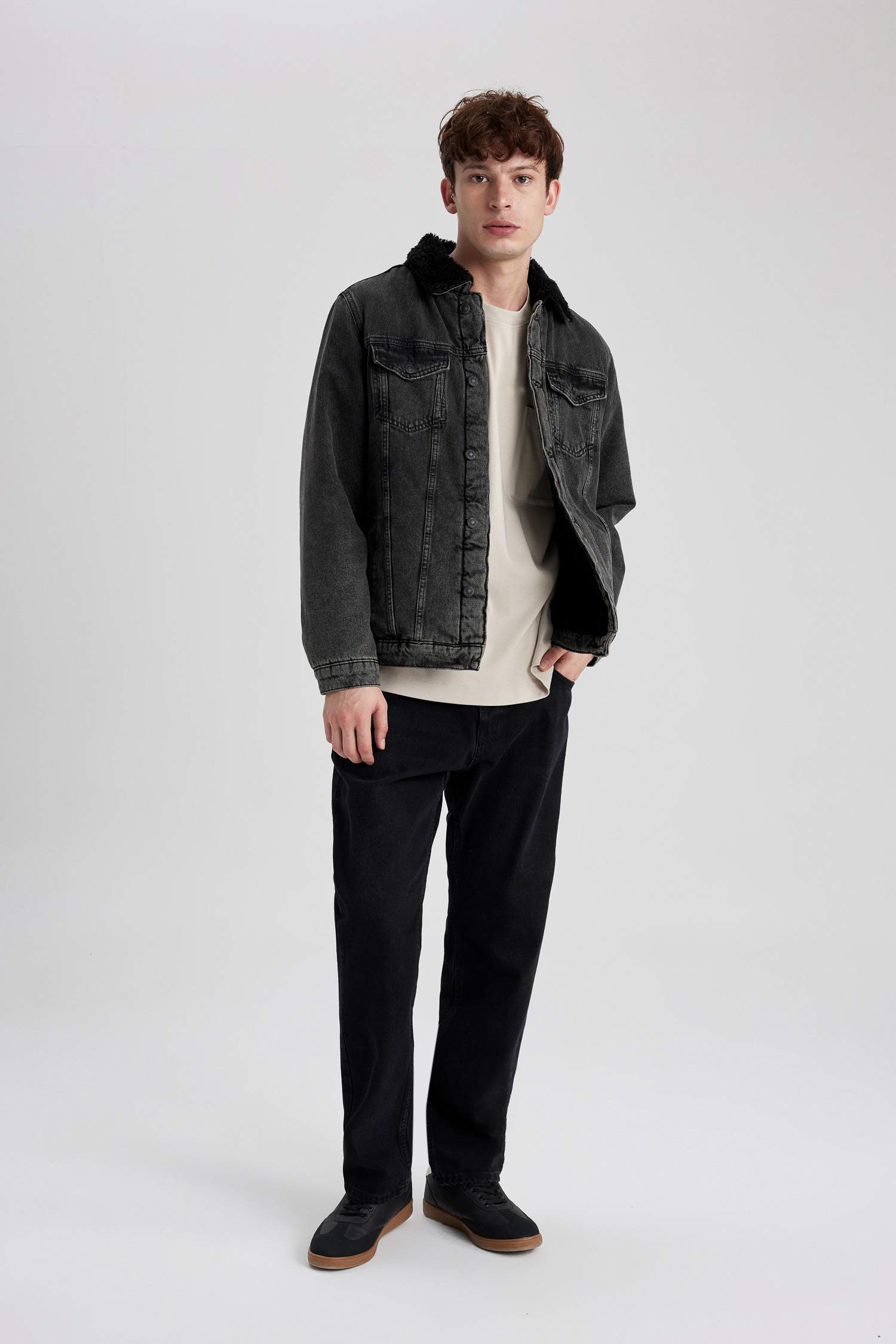 Slim Fit Dar Kesim Suni Kürklü Yaka Düğmeli Cepli Jean Ceket