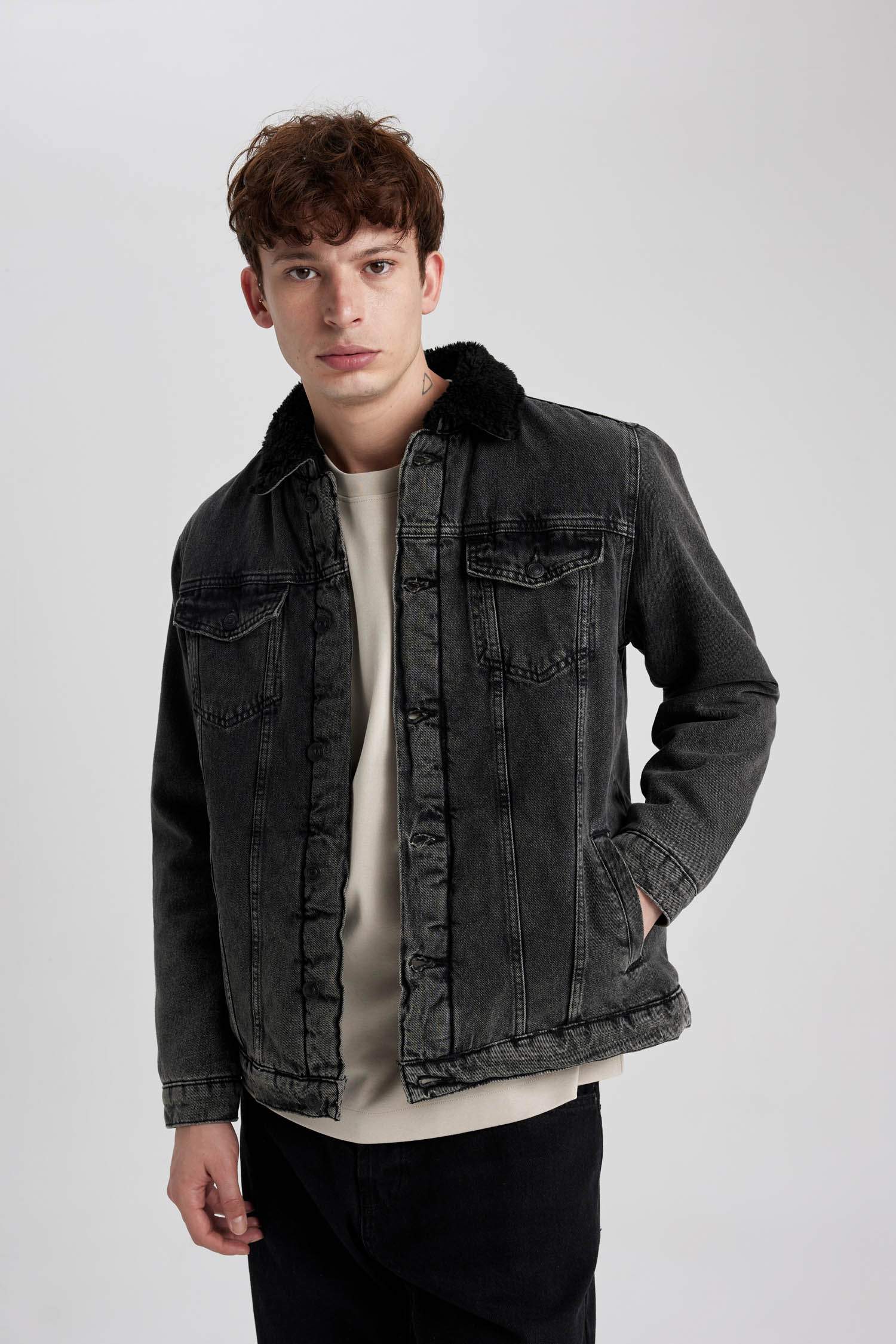 Slim Fit Dar Kesim Suni Kürklü Yaka Düğmeli Cepli Jean Ceket