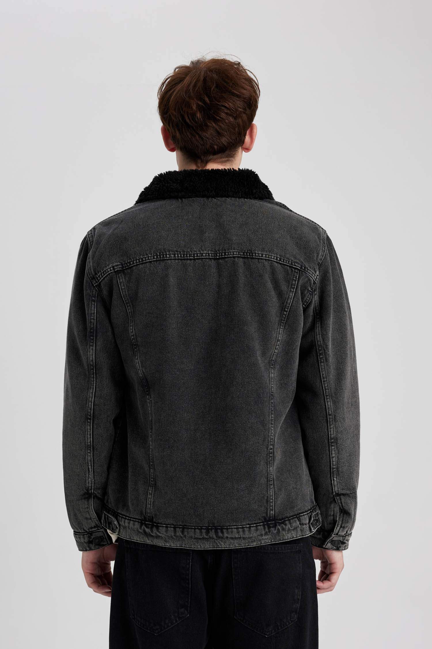 Slim Fit Dar Kesim Suni Kürklü Yaka Düğmeli Cepli Jean Ceket