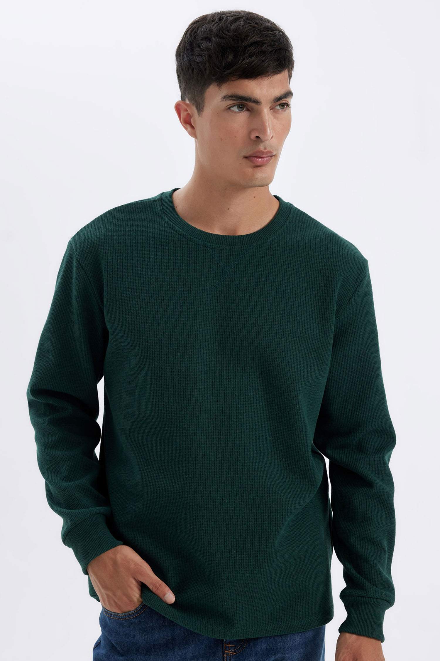 Regular Fit Bisiklet Yaka Waffle Uzun Kollu Tişört