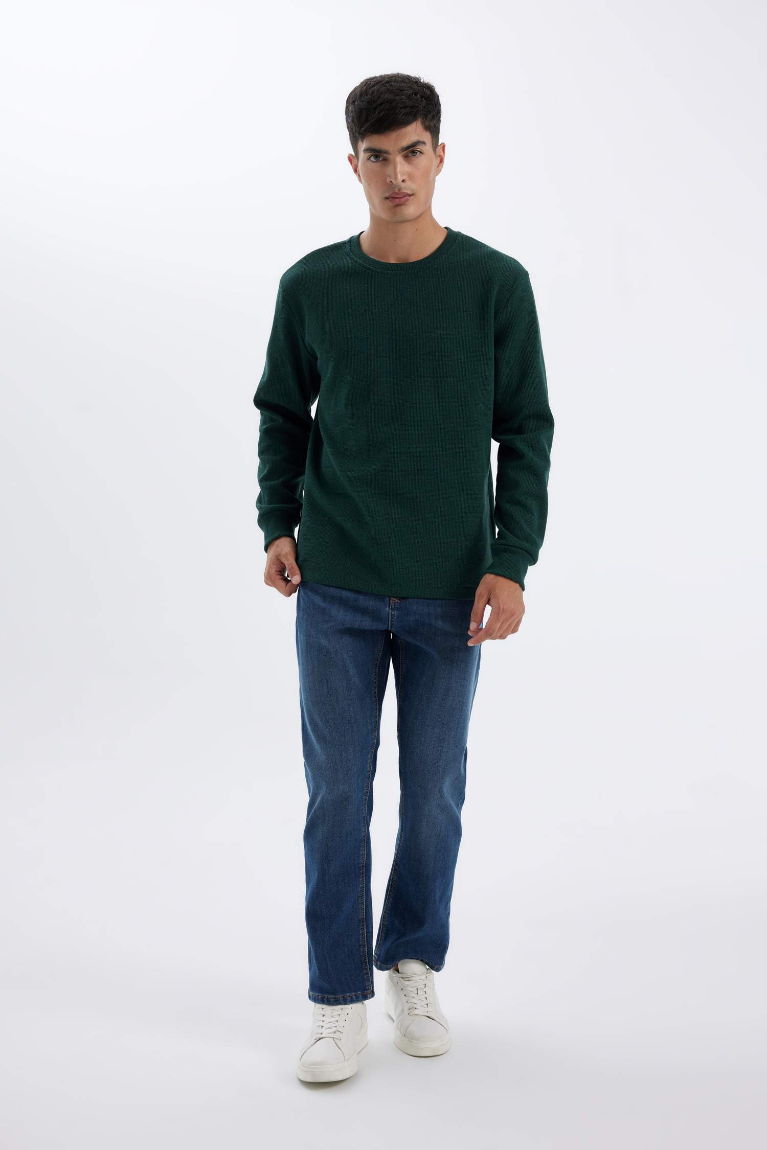 Regular Fit Bisiklet Yaka Waffle Uzun Kollu Tişört