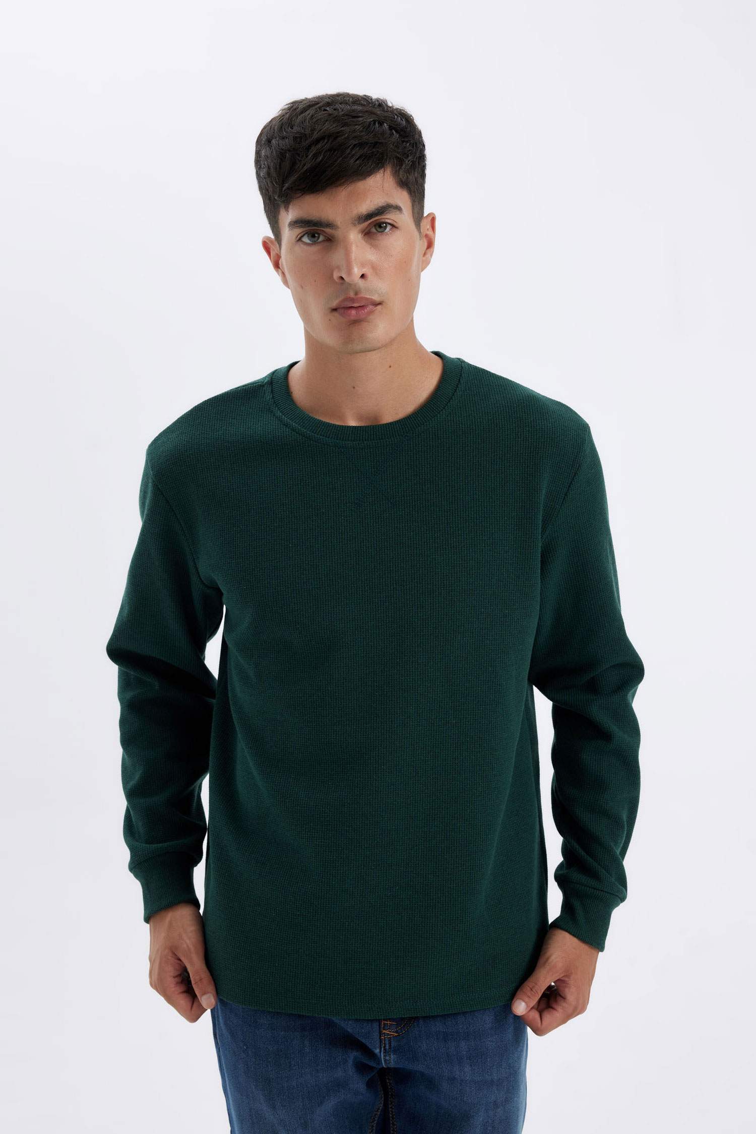 Regular Fit Bisiklet Yaka Waffle Uzun Kollu Tişört