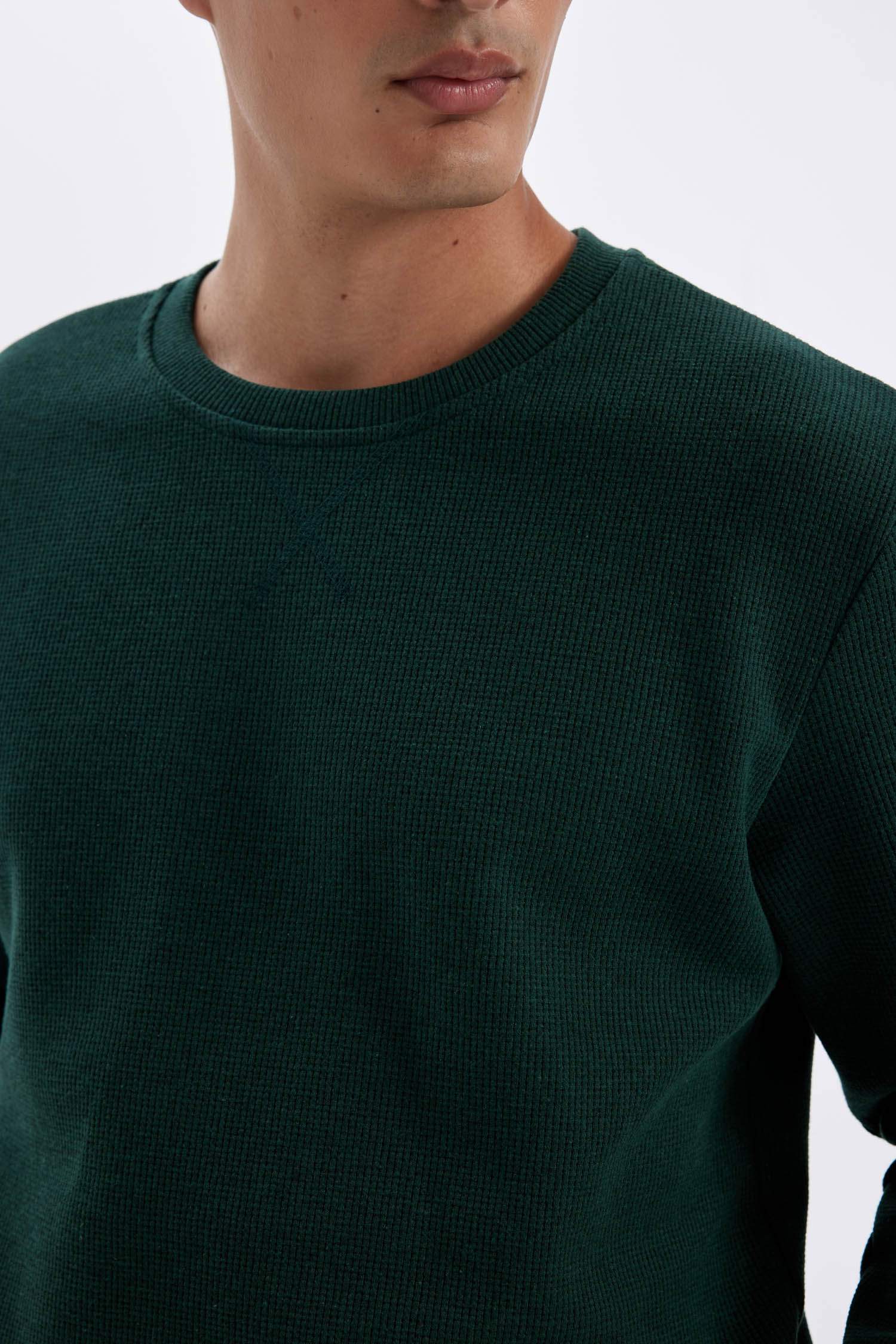 Regular Fit Bisiklet Yaka Waffle Uzun Kollu Tişört