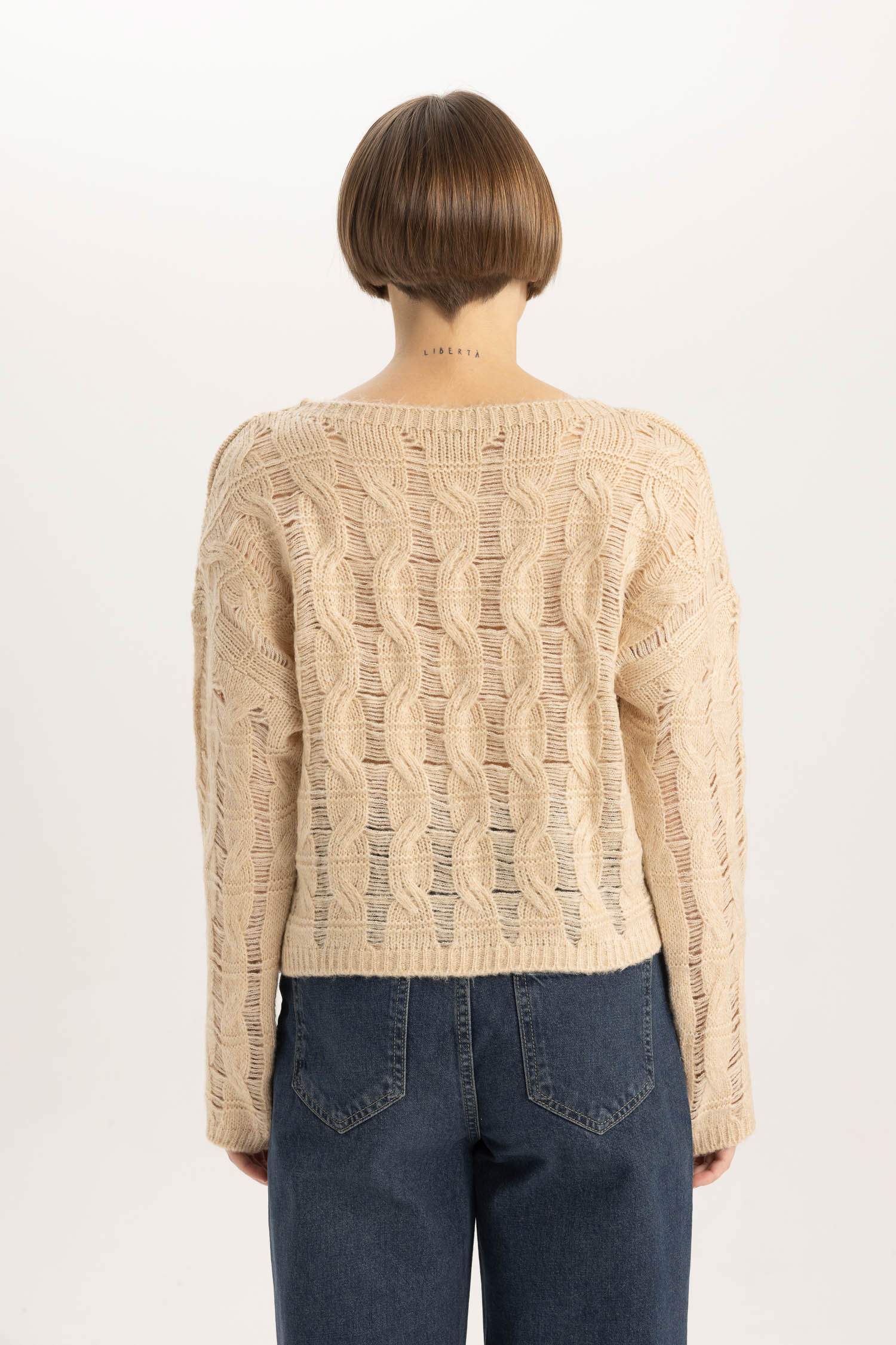 Relax Fit Bisiklet Yaka Ajur Triko Kazak