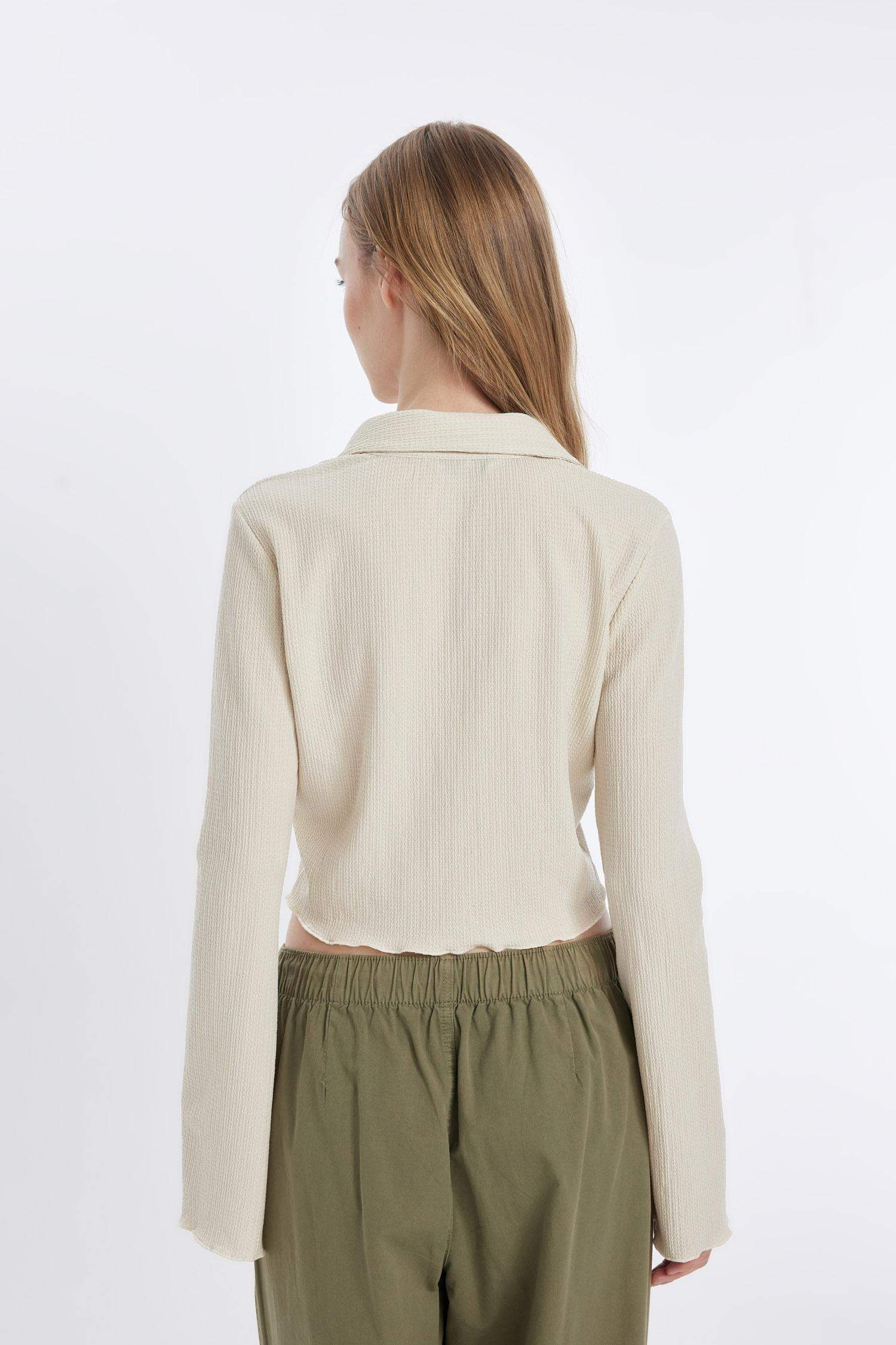 Fitted Basic Düz Agraf Kapamalı Bürümcük Uzun Kollu Gömlek