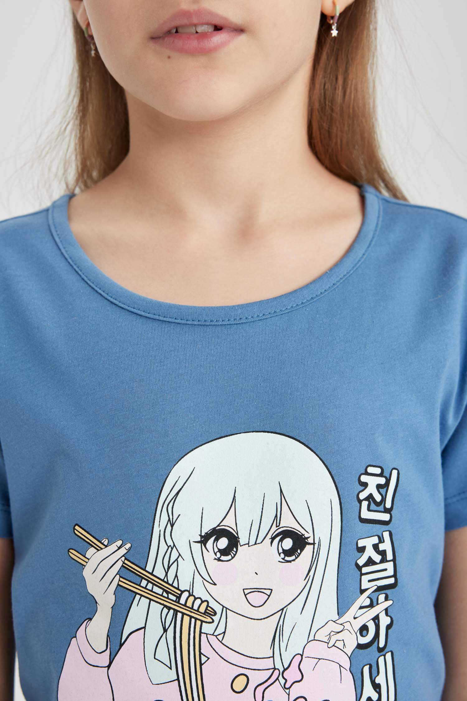 Kız Çocuk Pijama Takımı Baskılı Kısa Kollu Üst Kalp Desenli Uzun Alt