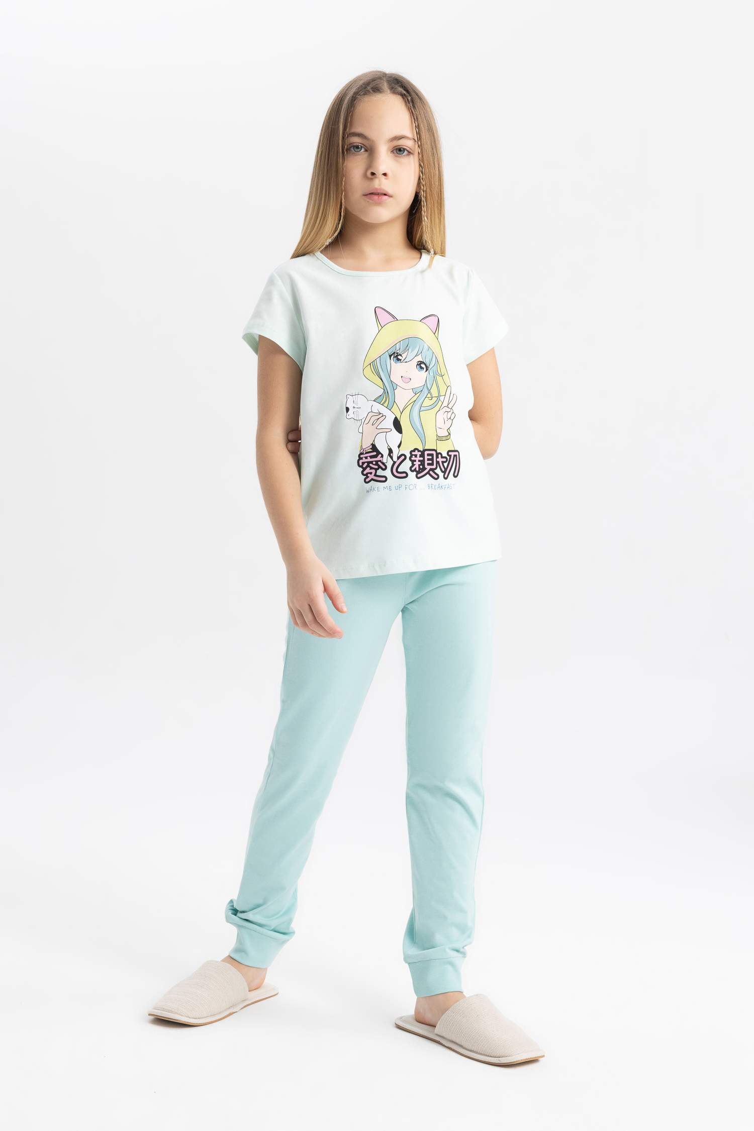 سيت بجامة بناتي قصة عادية نص ردن مطبوع  - قطعتين