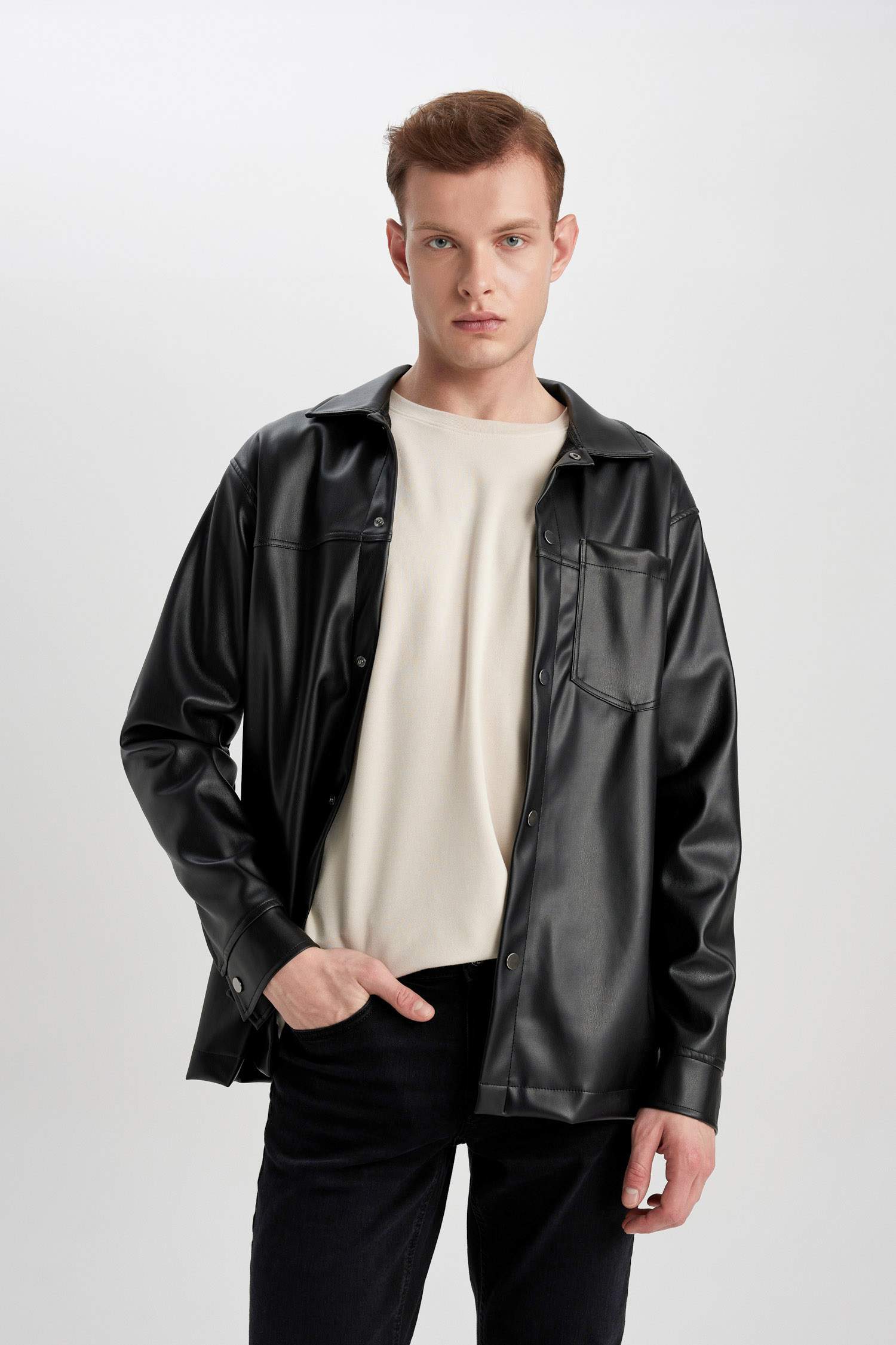 Relax Fit Leather Long Sleeve Shirt