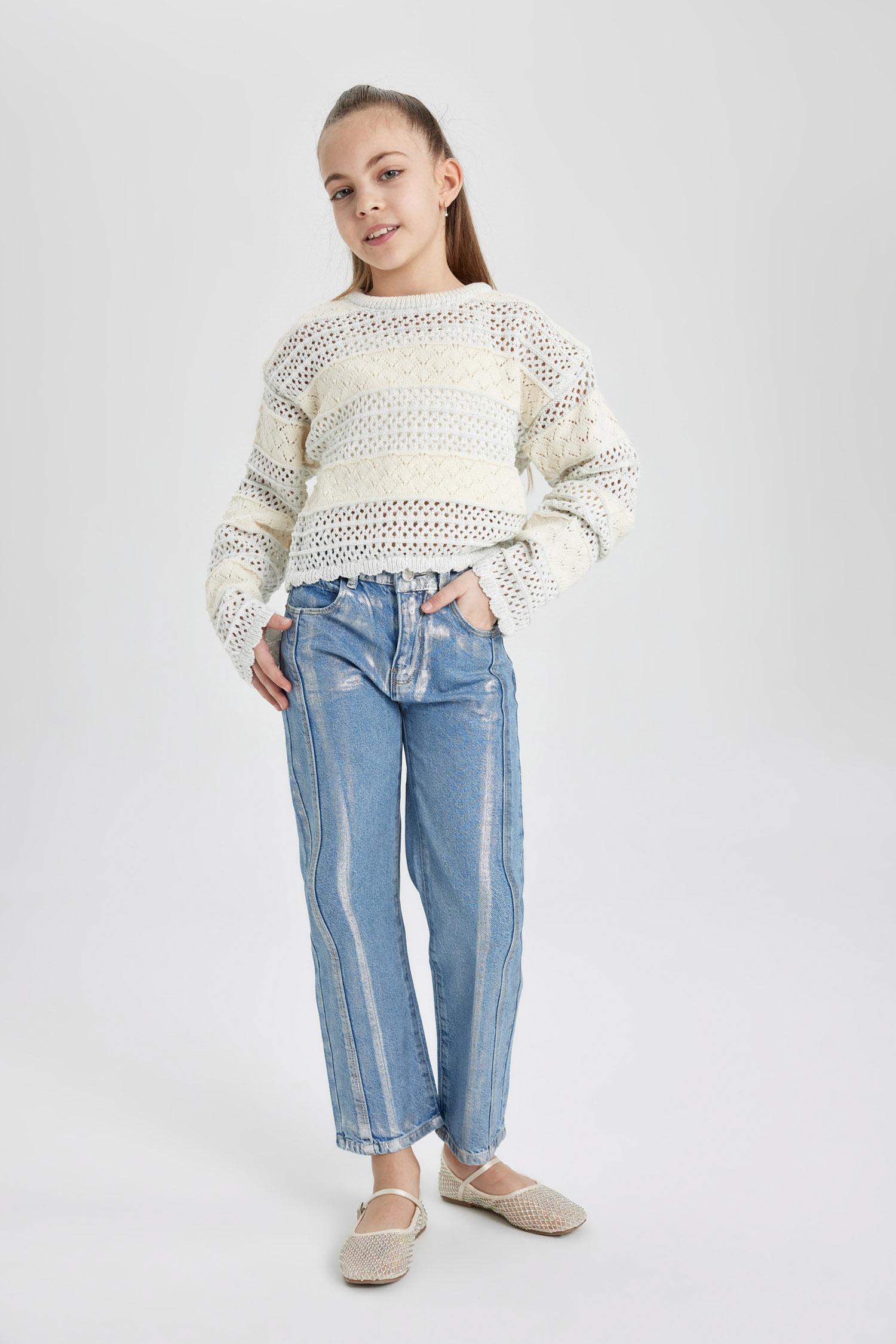 بنطلون بناتي وايد ليج برجل واسع بجيب