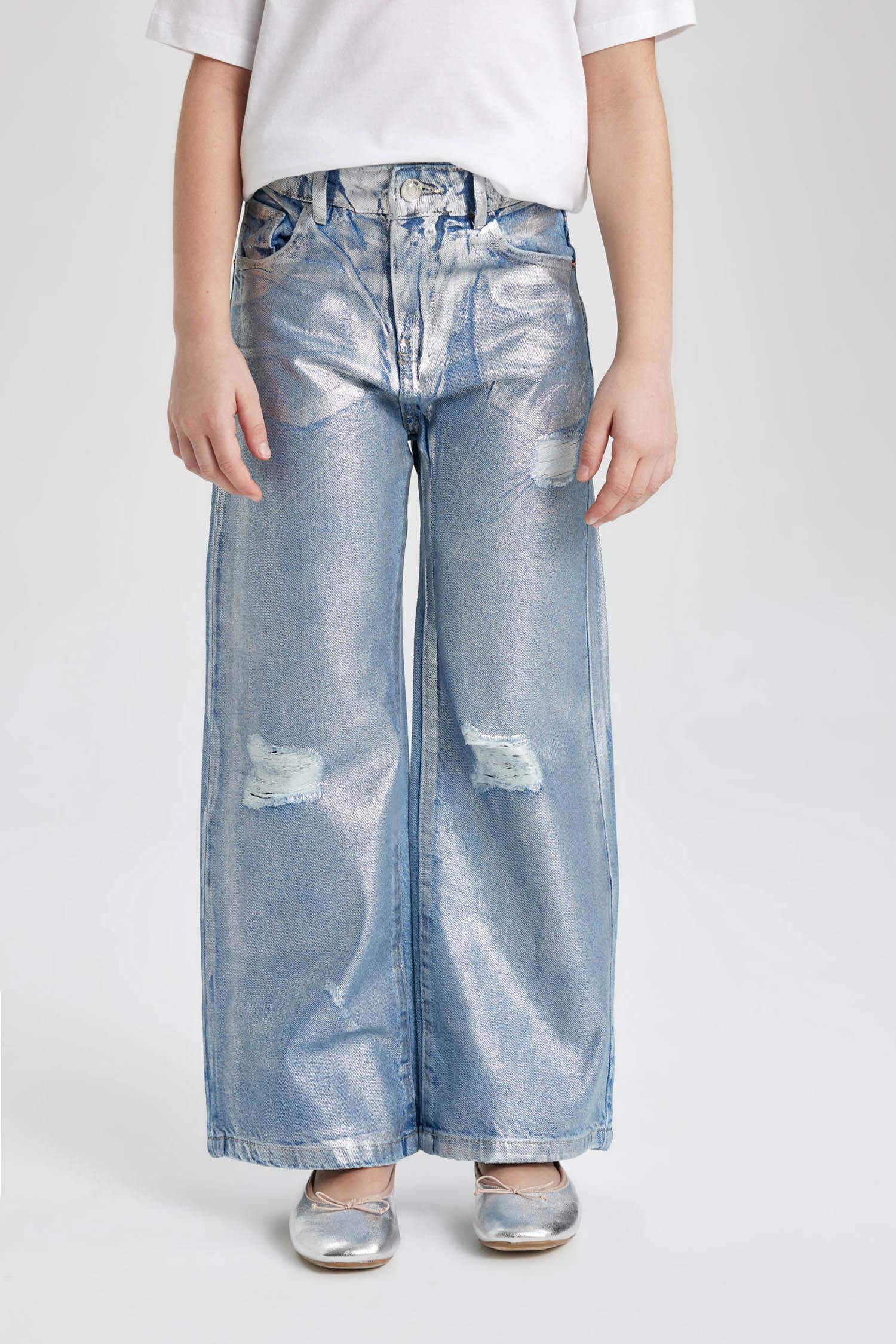 Kız Çocuk Wide Leg Yırtık Detaylı Geniş Paça Jean Pantolon