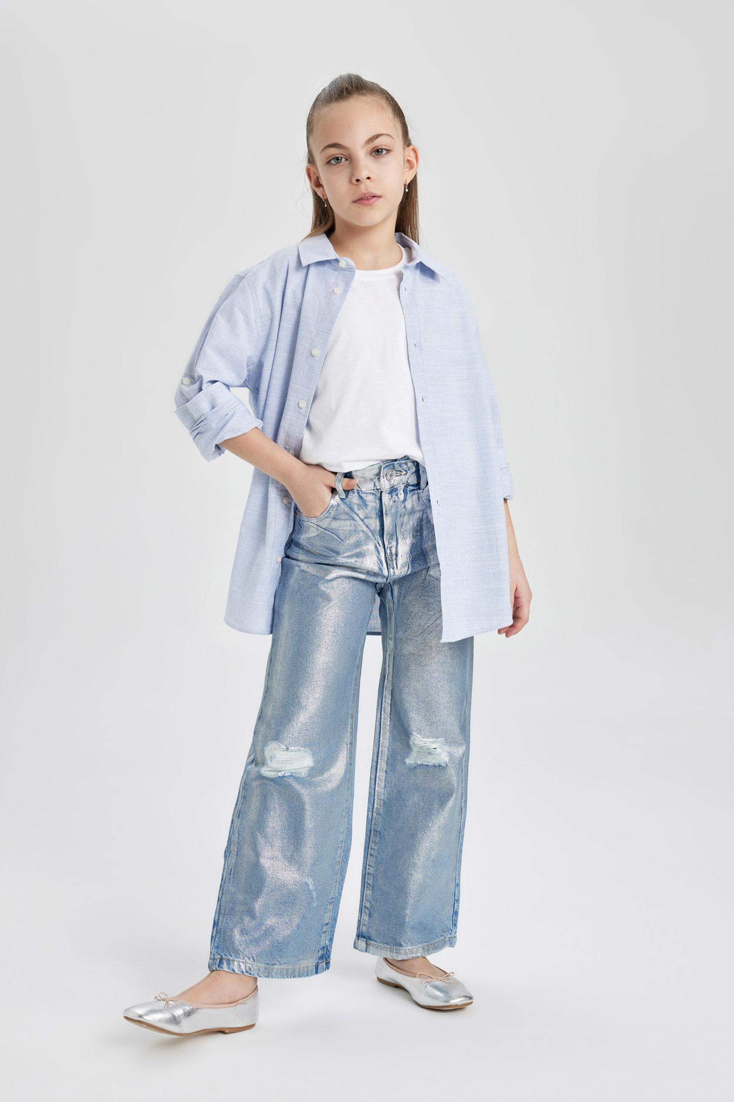 Kız Çocuk Wide Leg Yırtık Detaylı Geniş Paça Jean Pantolon