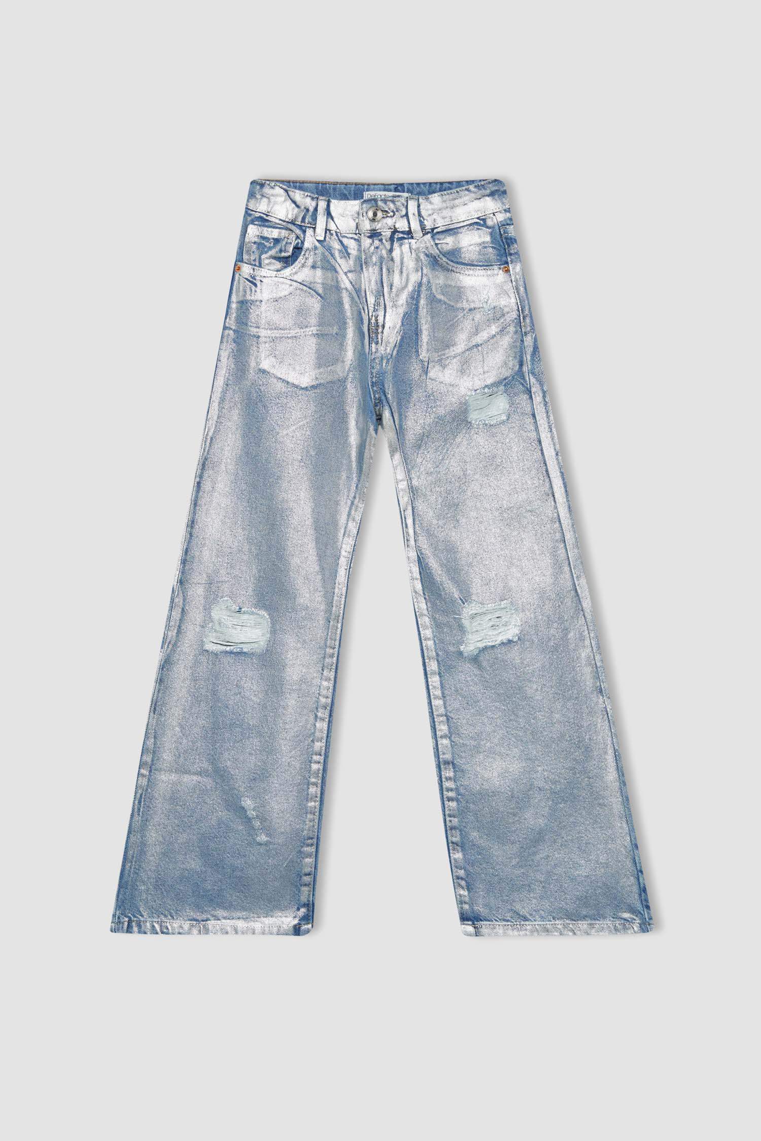 Kız Çocuk Wide Leg Yırtık Detaylı Geniş Paça Jean Pantolon