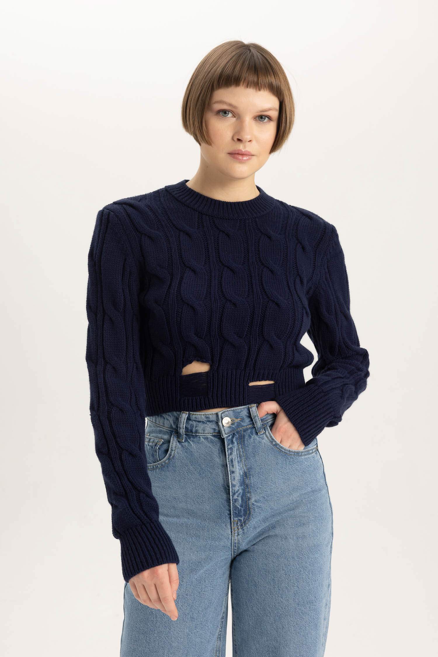 Crew Neck Knitted Crop Pullover