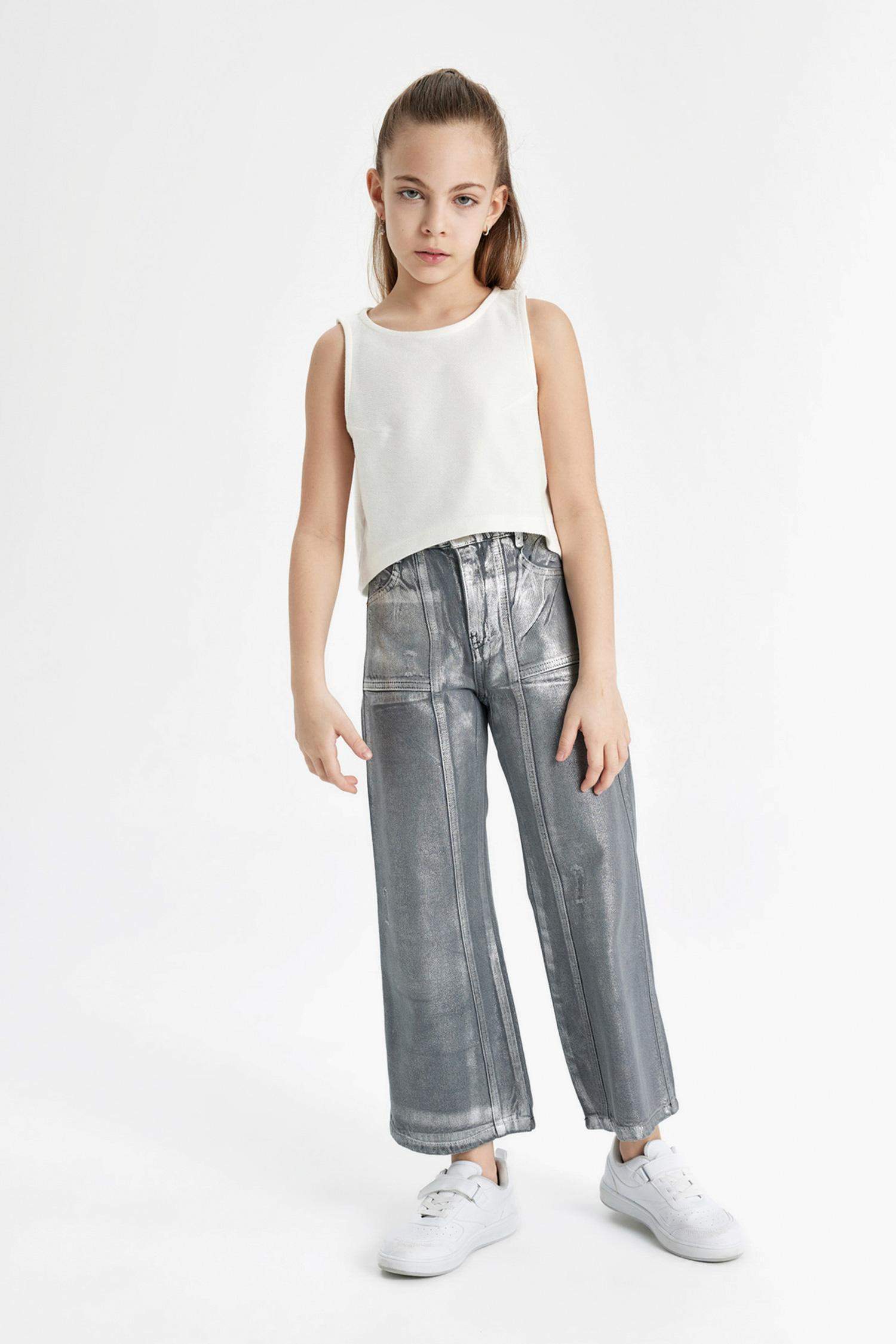 Kız Çocuk Wide Leg Geniş Bol Paça Parlak Jean Pantolon