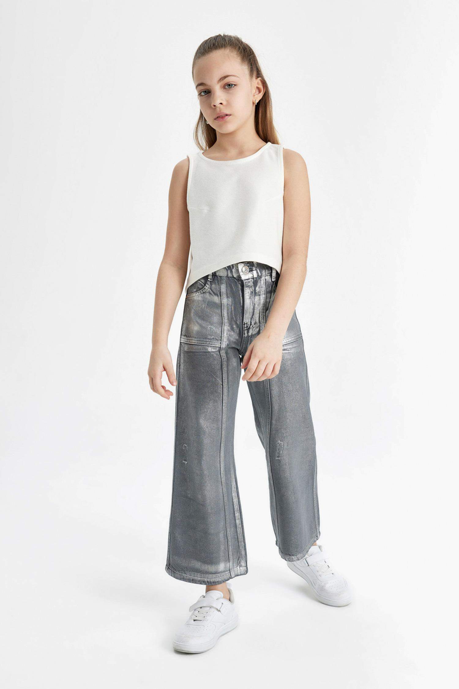 Kız Çocuk Wide Leg Geniş Bol Paça Parlak Jean Pantolon