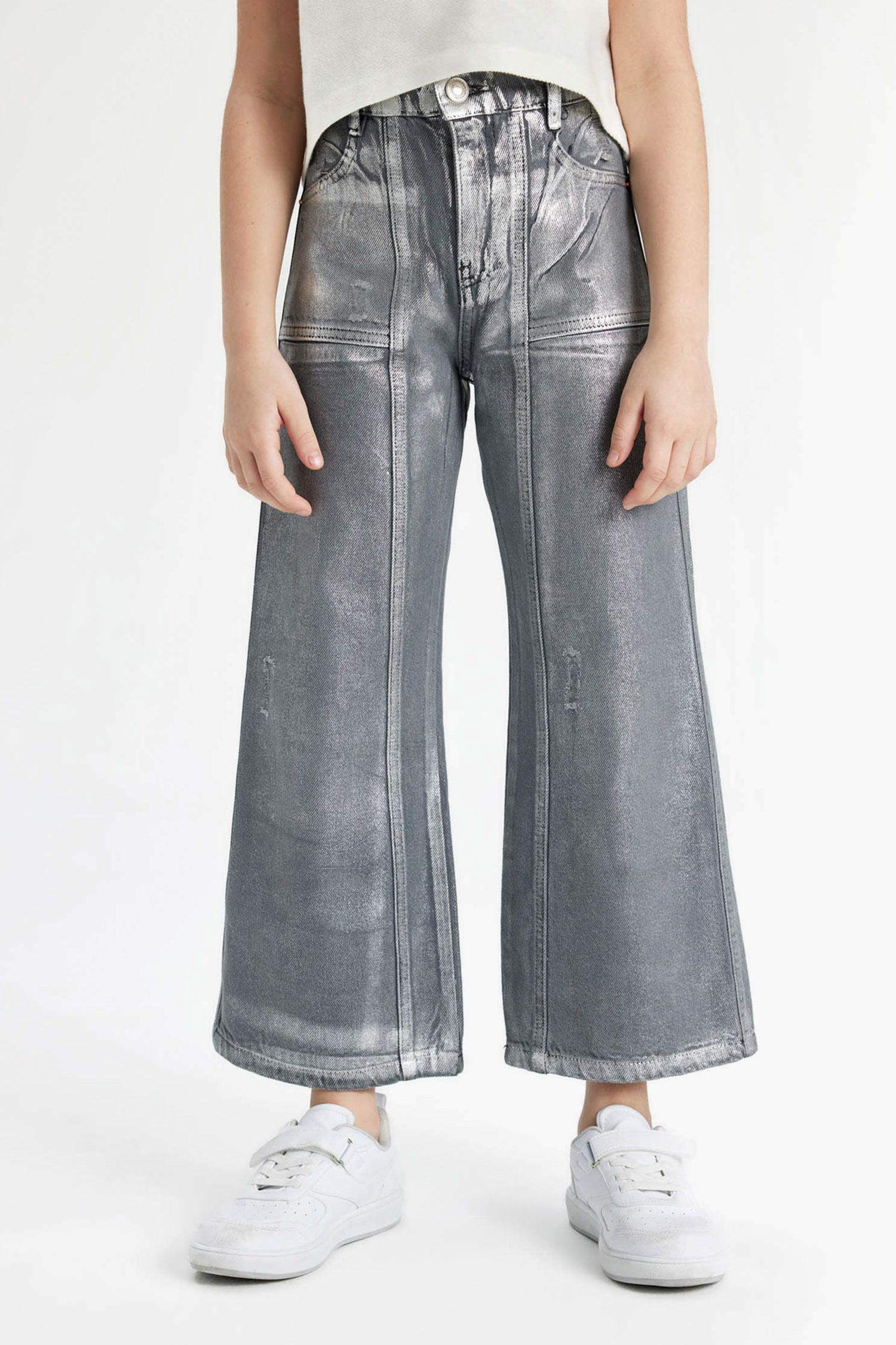 Kız Çocuk Wide Leg Geniş Bol Paça Parlak Jean Pantolon