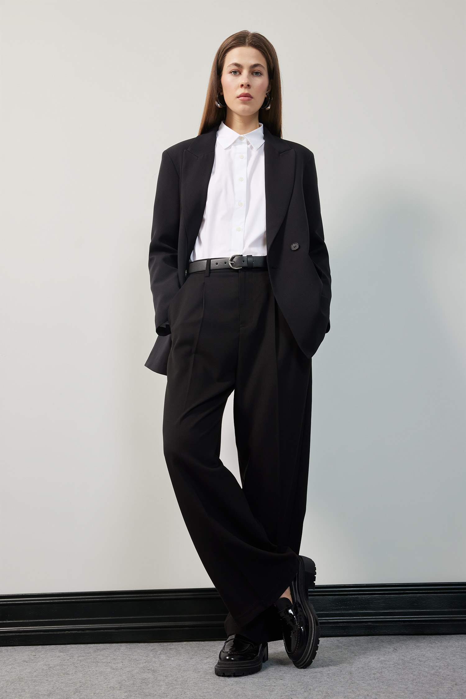 Wide Leg Pocketed High Waist Basic Classic Black Trousers