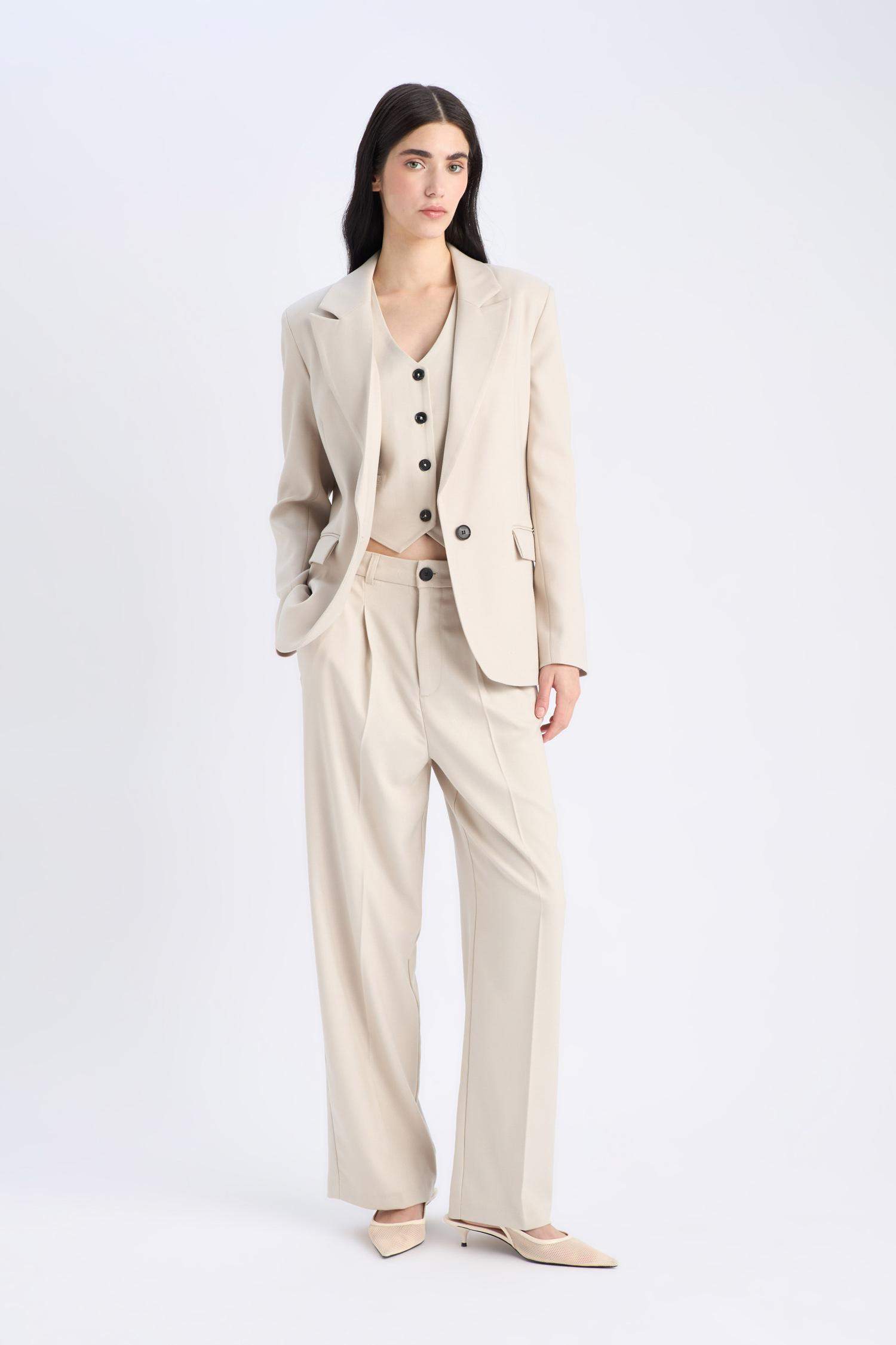 بنطرون رمادي كلاسيكي برجل واسع وايد ليج بجيب وخصر عالي