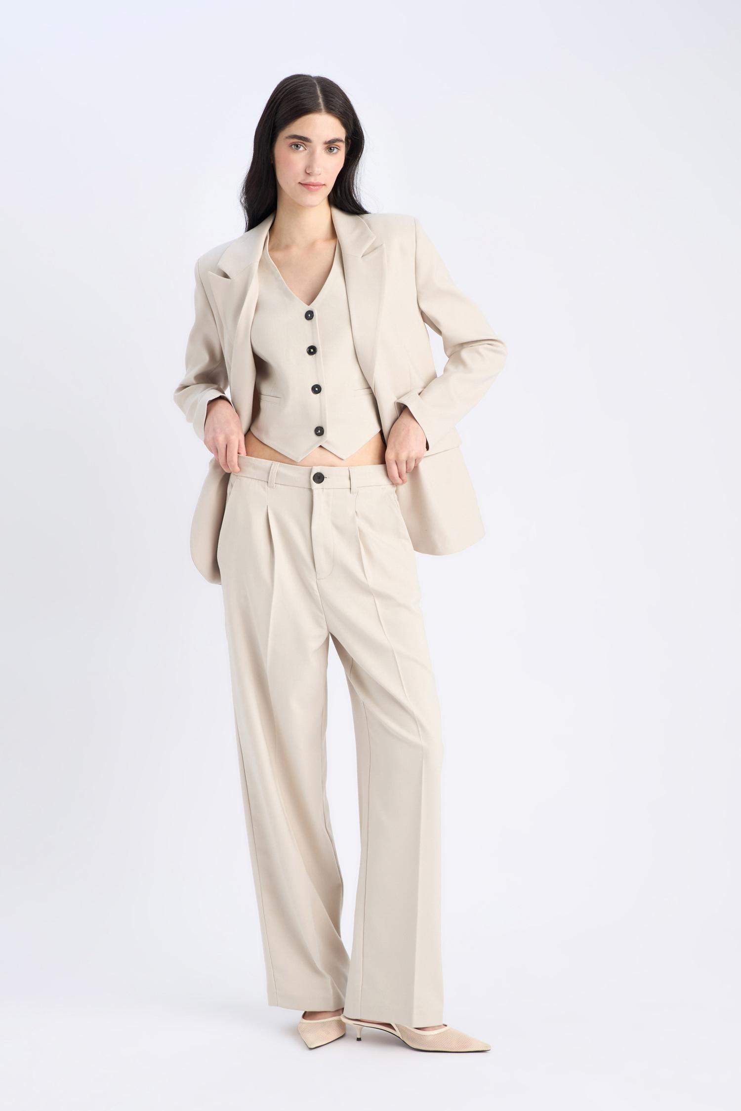 بنطرون رمادي كلاسيكي برجل واسع وايد ليج بجيب وخصر عالي