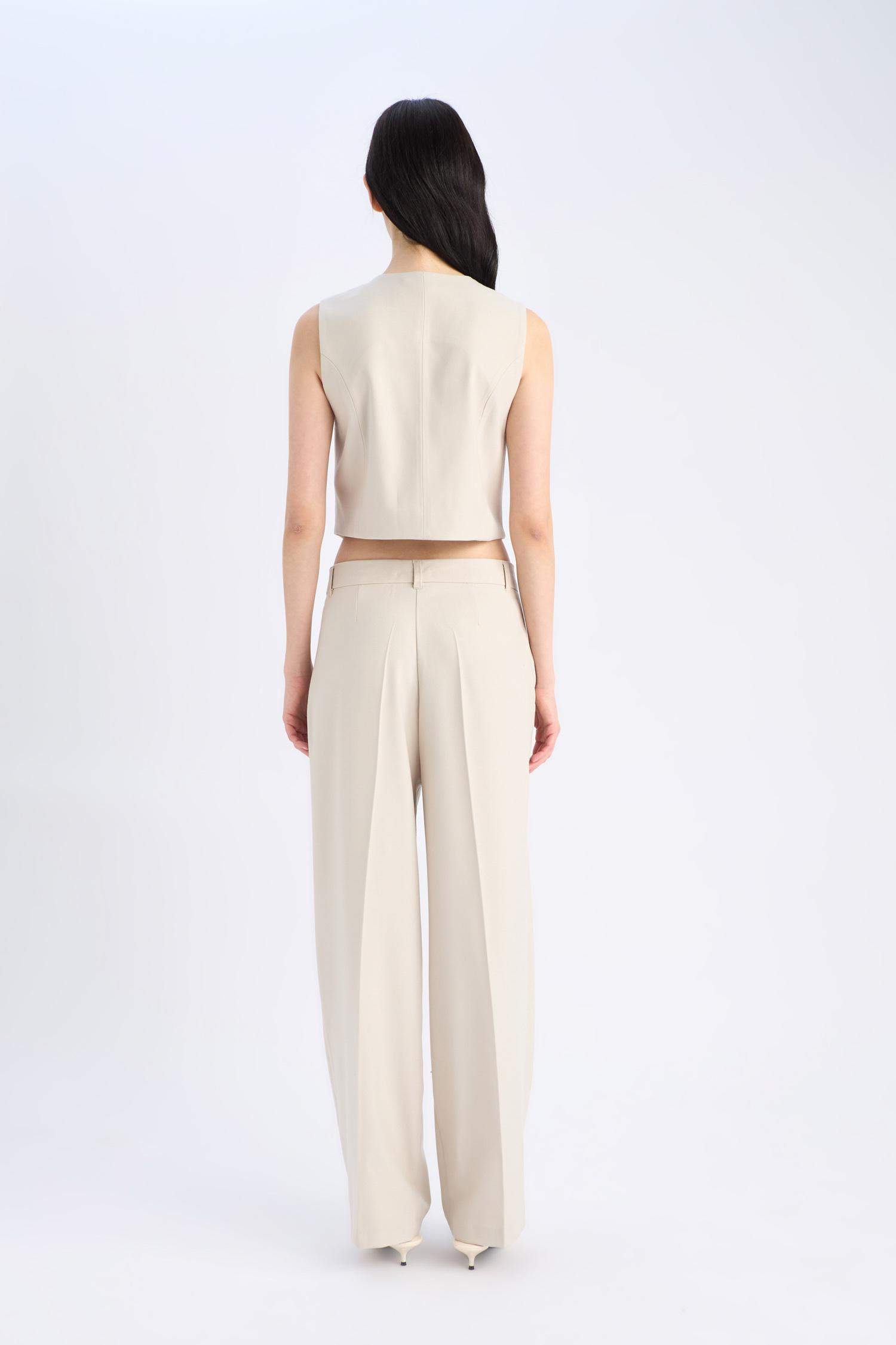 بنطرون رمادي كلاسيكي برجل واسع وايد ليج بجيب وخصر عالي