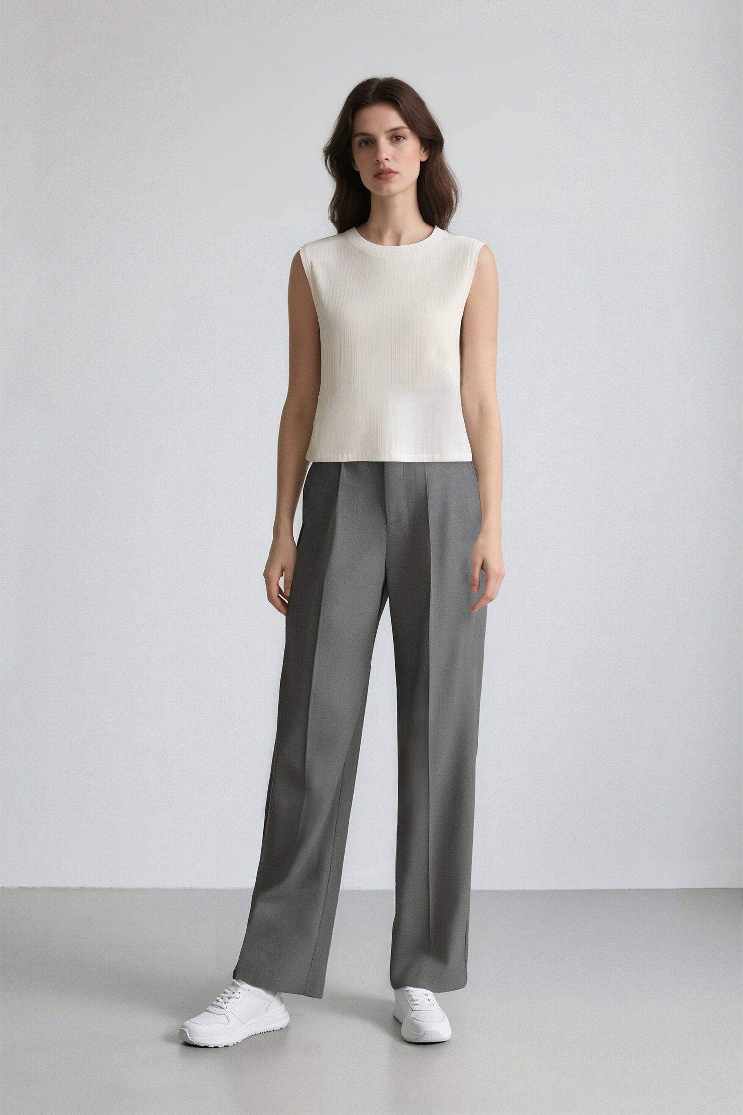 Wide Leg Loose Fit Basic High Waist Grey Trousers