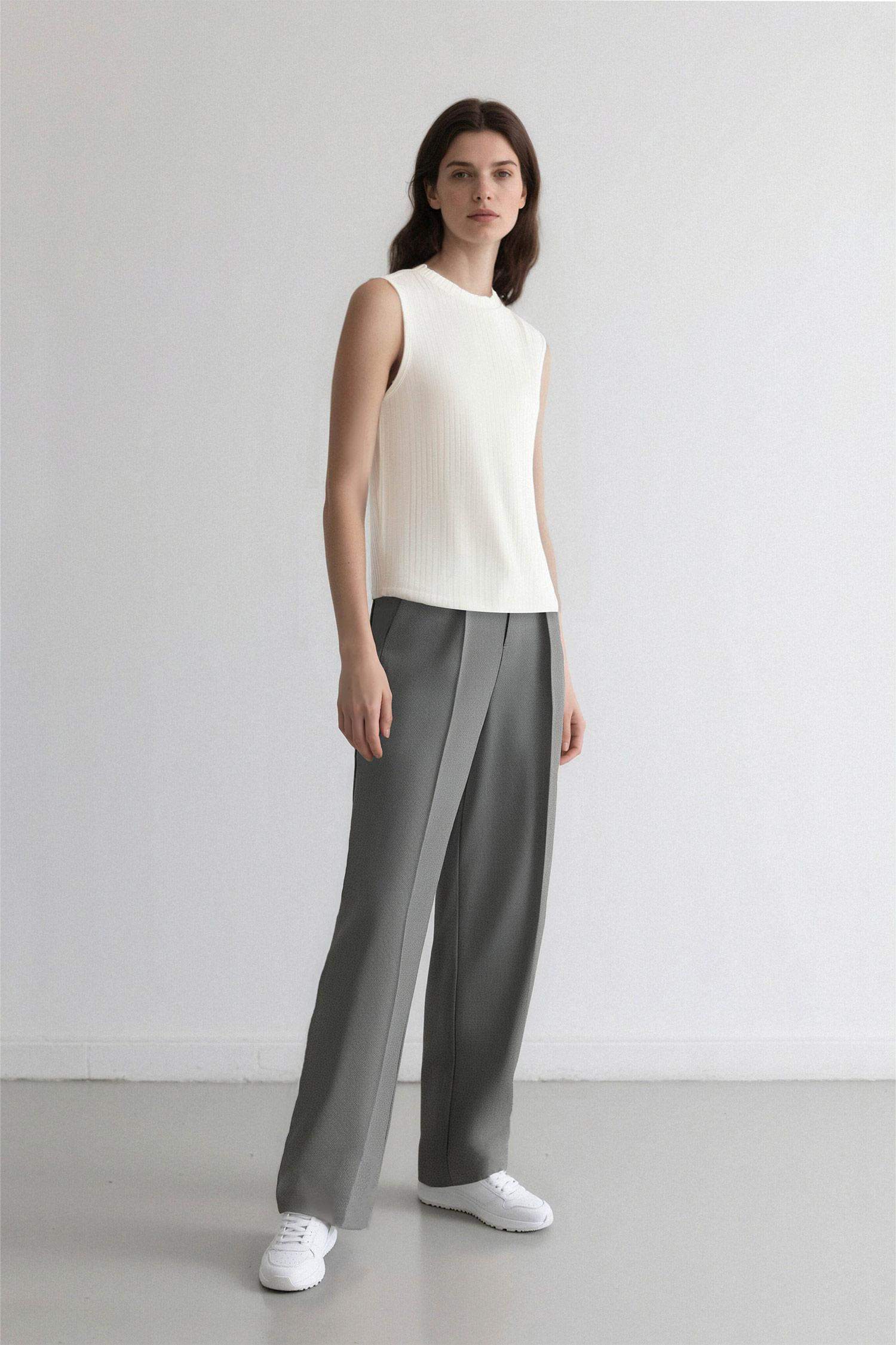 Wide Leg Loose Fit Basic High Waist Grey Trousers