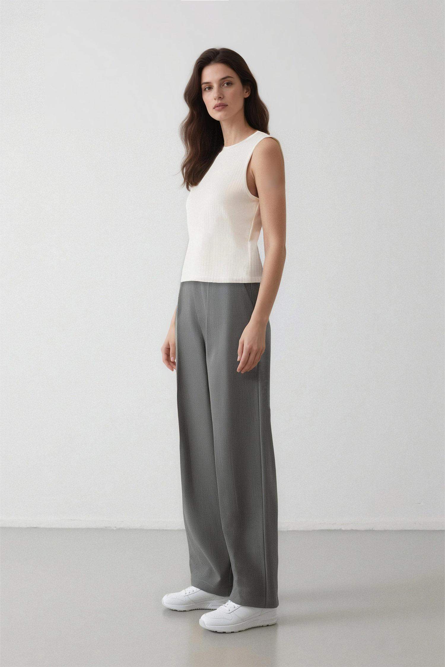 Wide Leg Loose Fit Basic High Waist Grey Trousers
