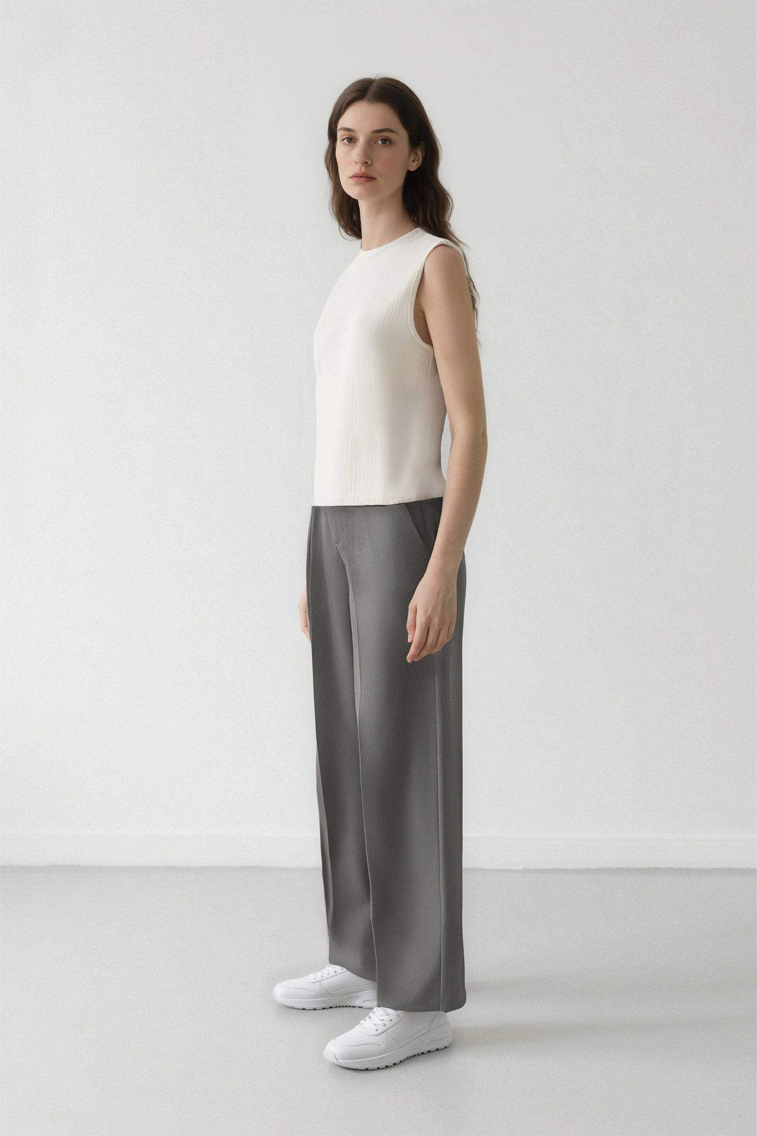 Wide Leg Loose Fit Basic High Waist Grey Trousers