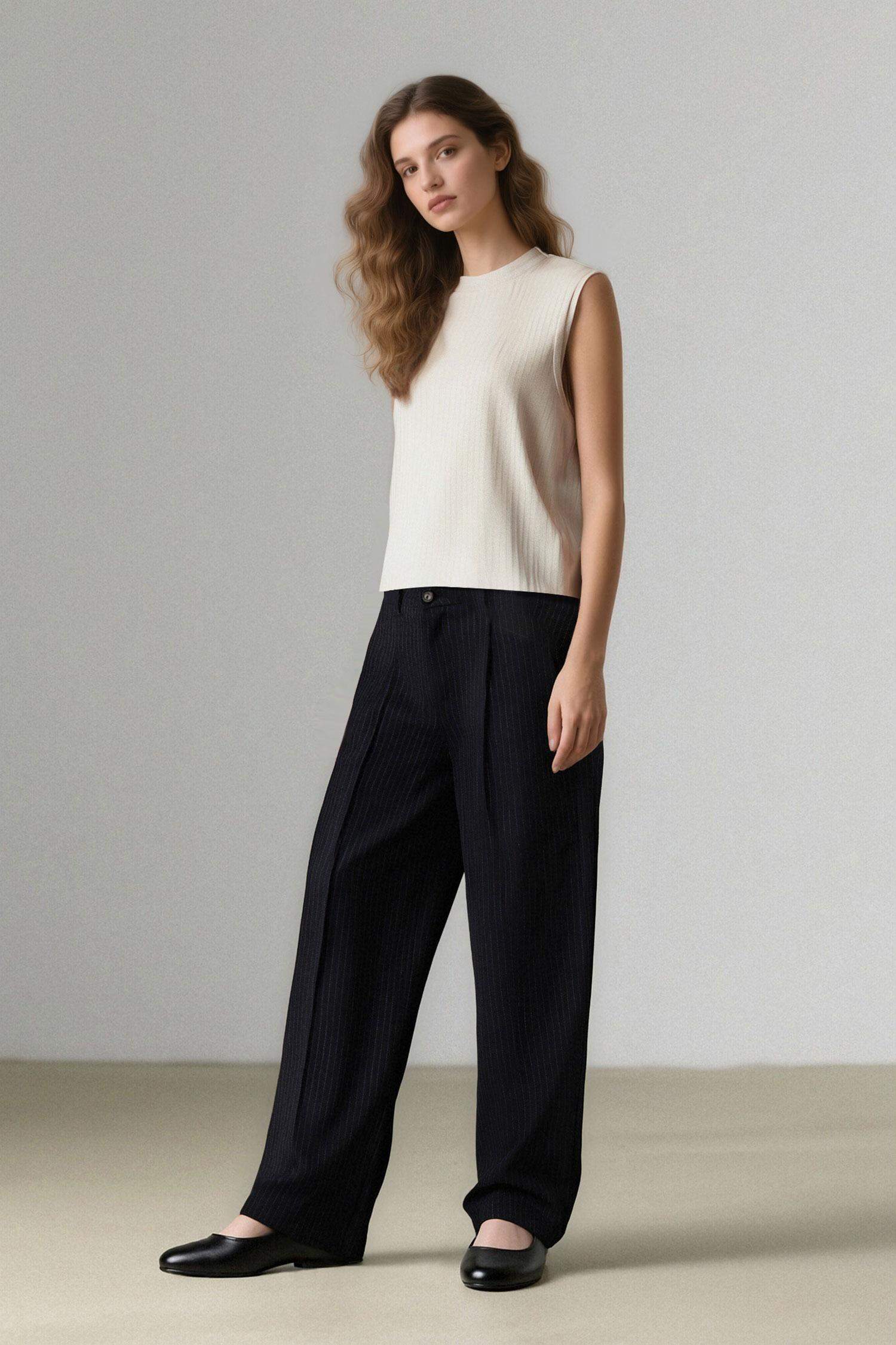 Wide Leg Pocket High Waist Basic Classic Blue Trousers