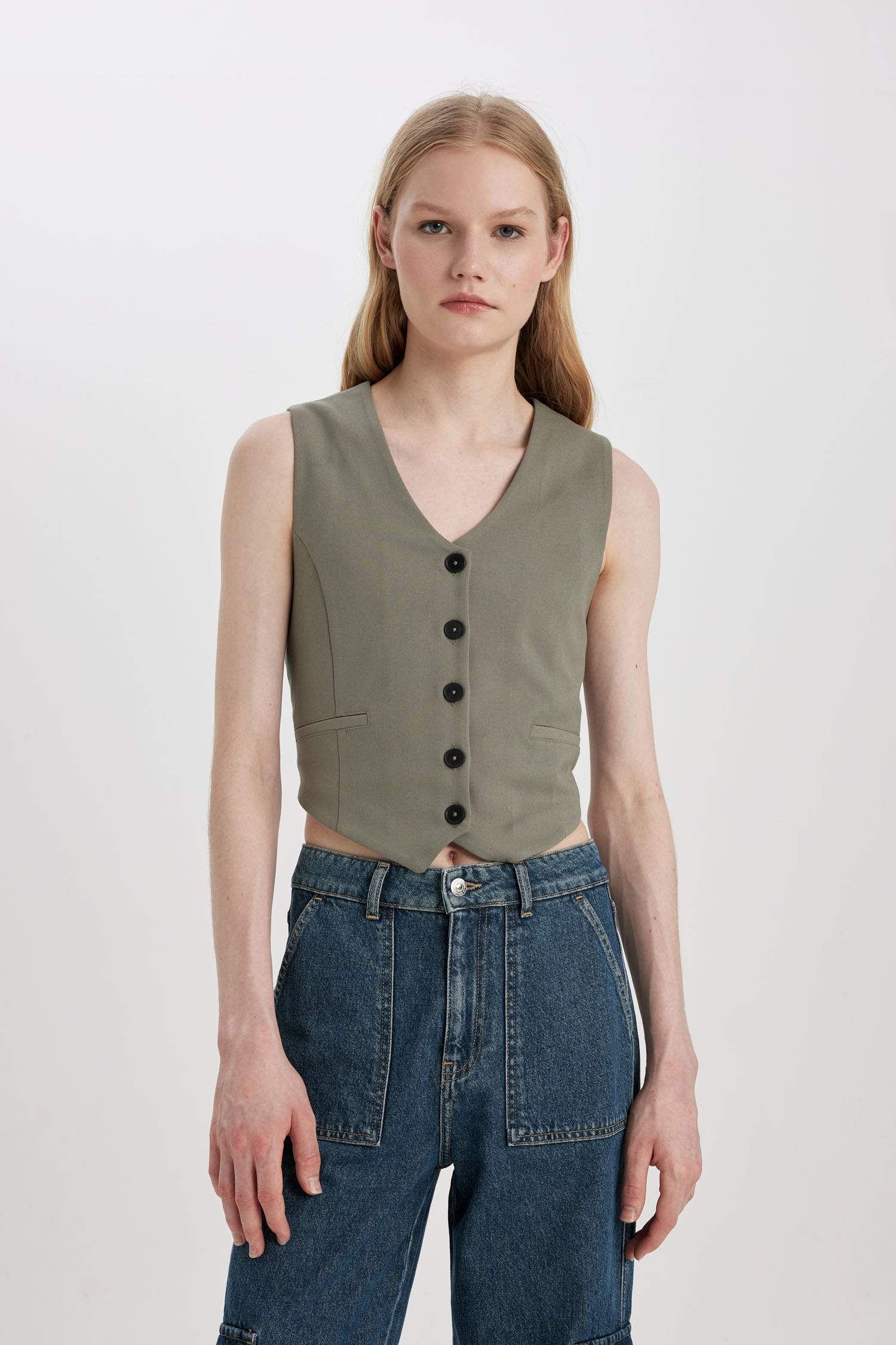 V Yaka Düğmeli Klasik Blazer Yelek