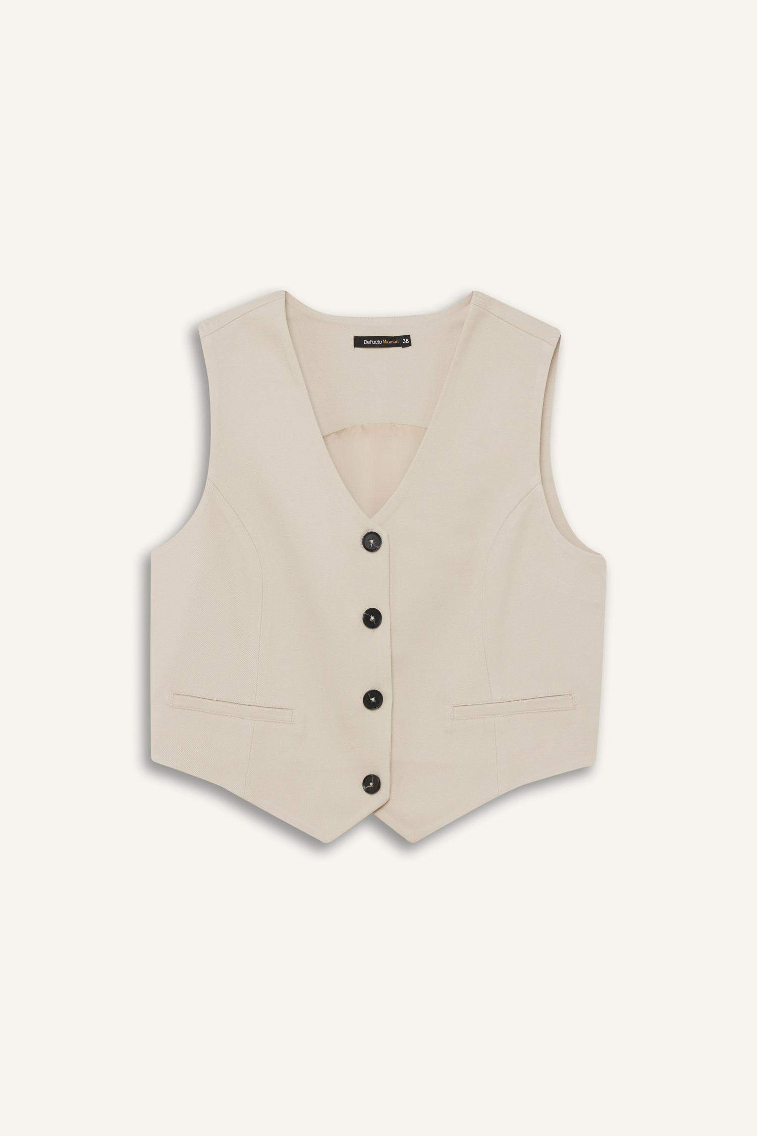 V Yaka Düğmeli Klasik Blazer Yelek