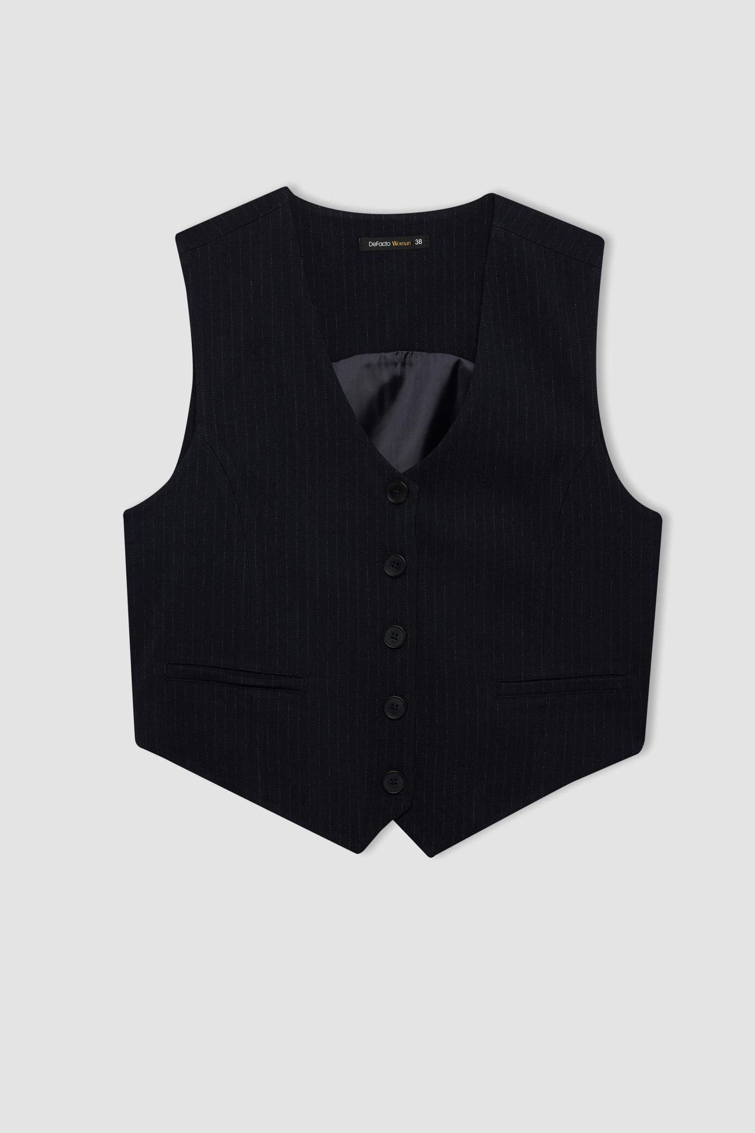 V Yaka Çizgili Düğmeli Blazer Yelek