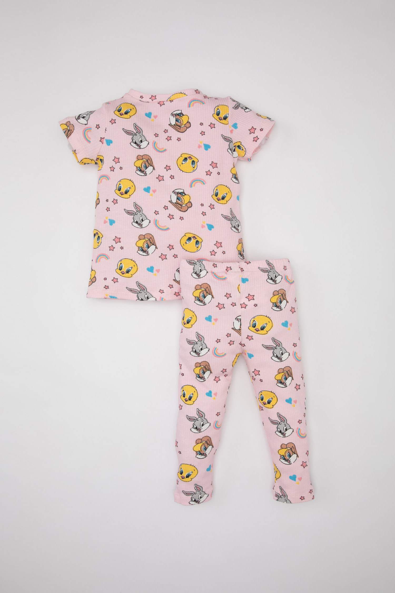 Kız Bebek Looney Tunes Pijama Takımı Fitilli Kaşkorse Bisiklet Yaka Kısa Kollu Üst Beli Lastikli Uzun Alt