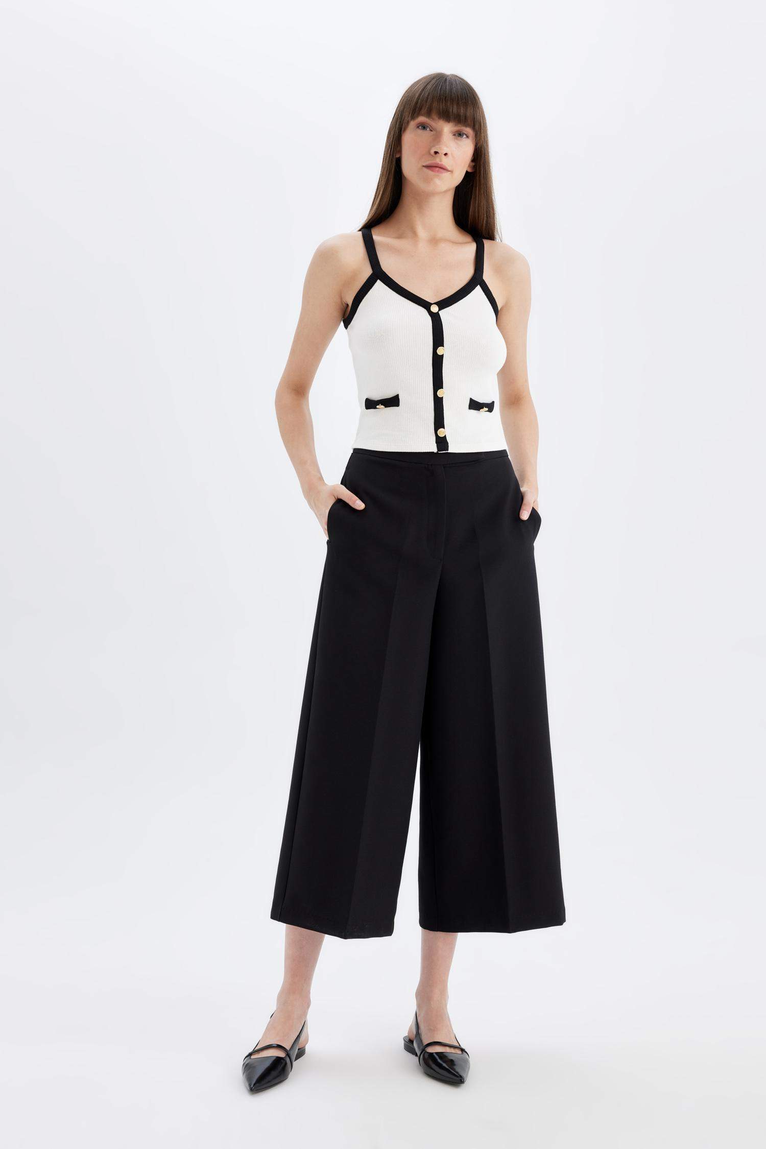 Culotte Basic Normal Waist Wide Leg Classic Black Chino Pants