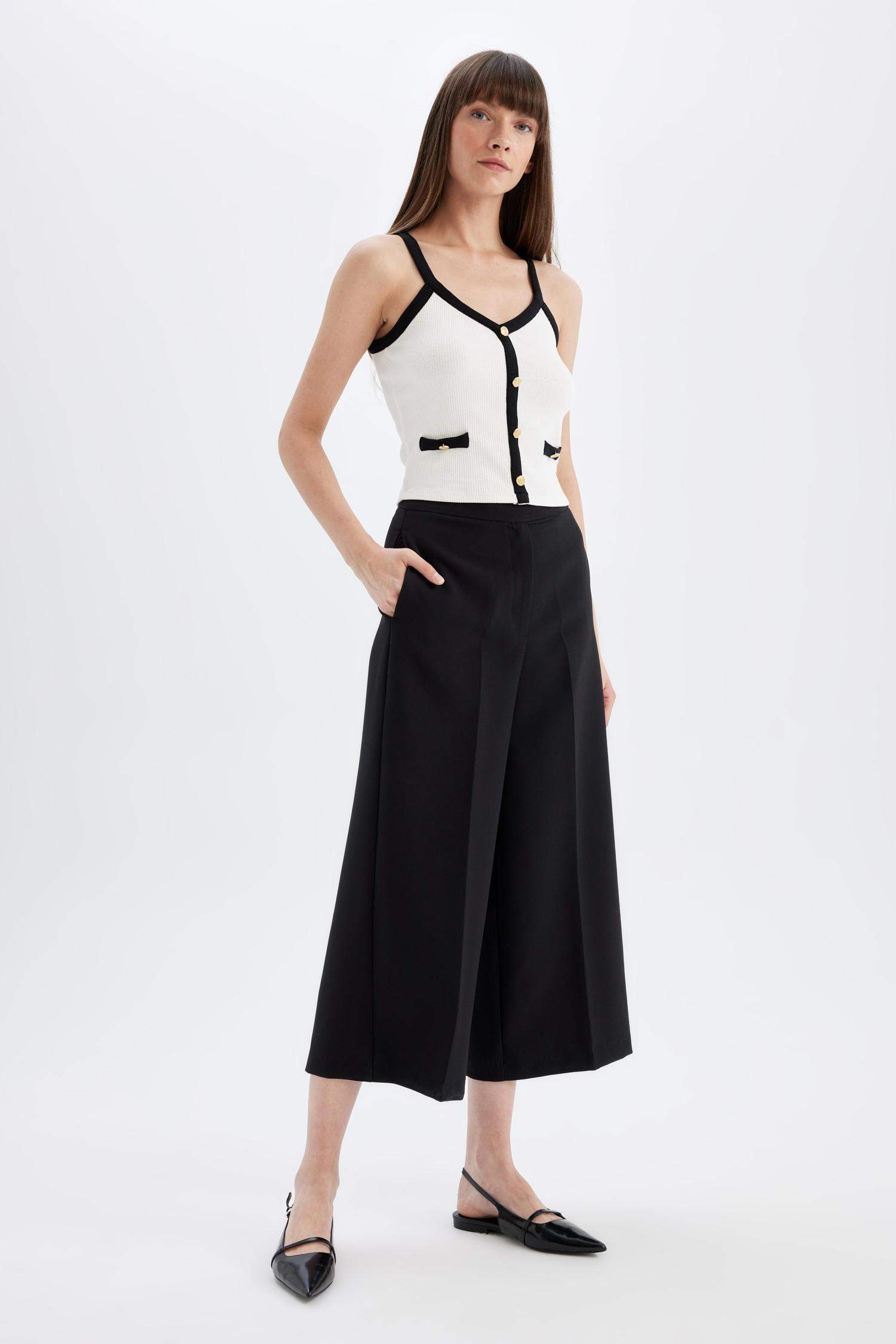 Culotte Basic Normal Waist Wide Leg Classic Black Chino Pants