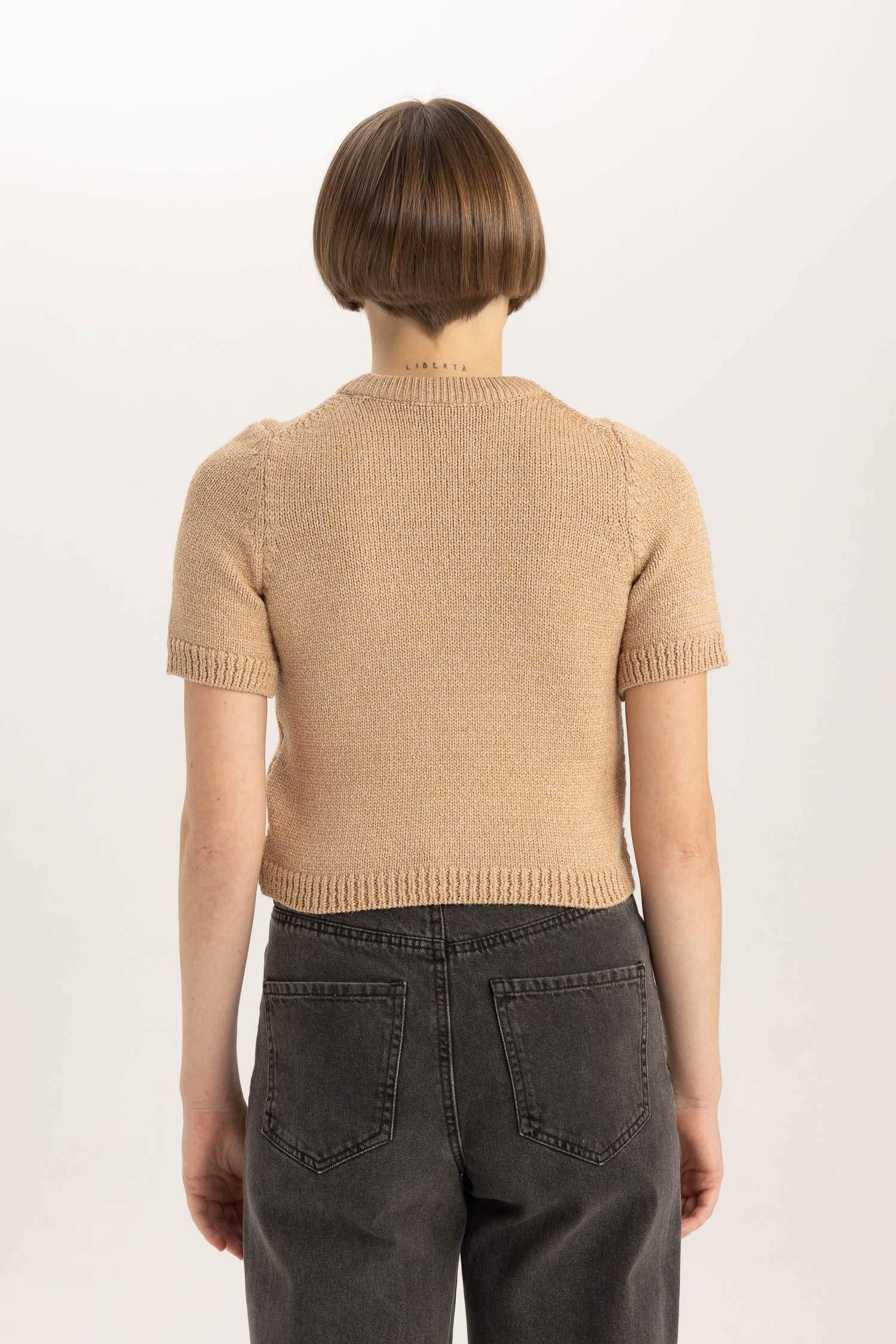 Fitted Bisiklet Yaka Kısa Kollu Triko Kazak