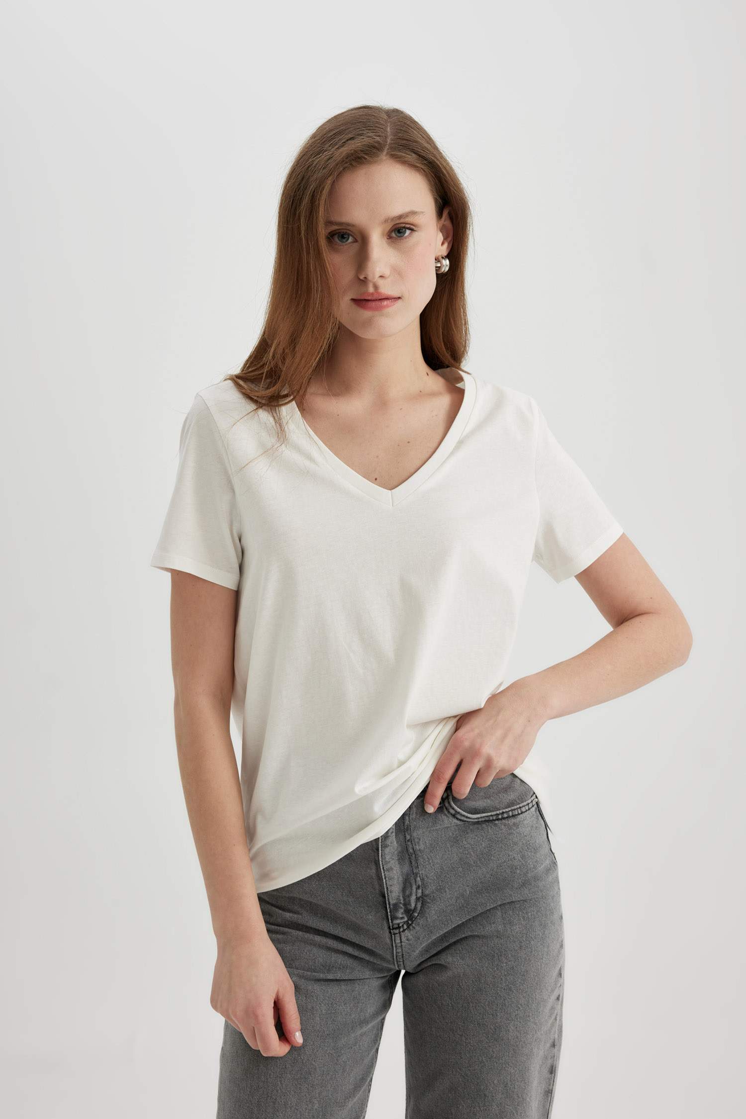 Regular Fit V Neck Cotton Short Sleeve T-Shirt