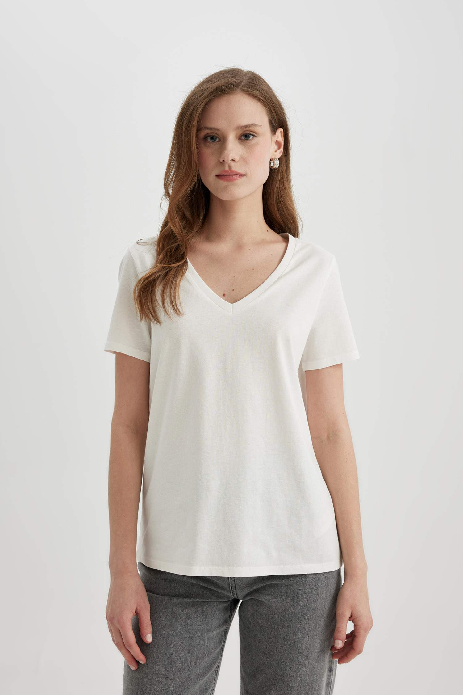 Regular Fit V Neck Cotton Short Sleeve T-Shirt