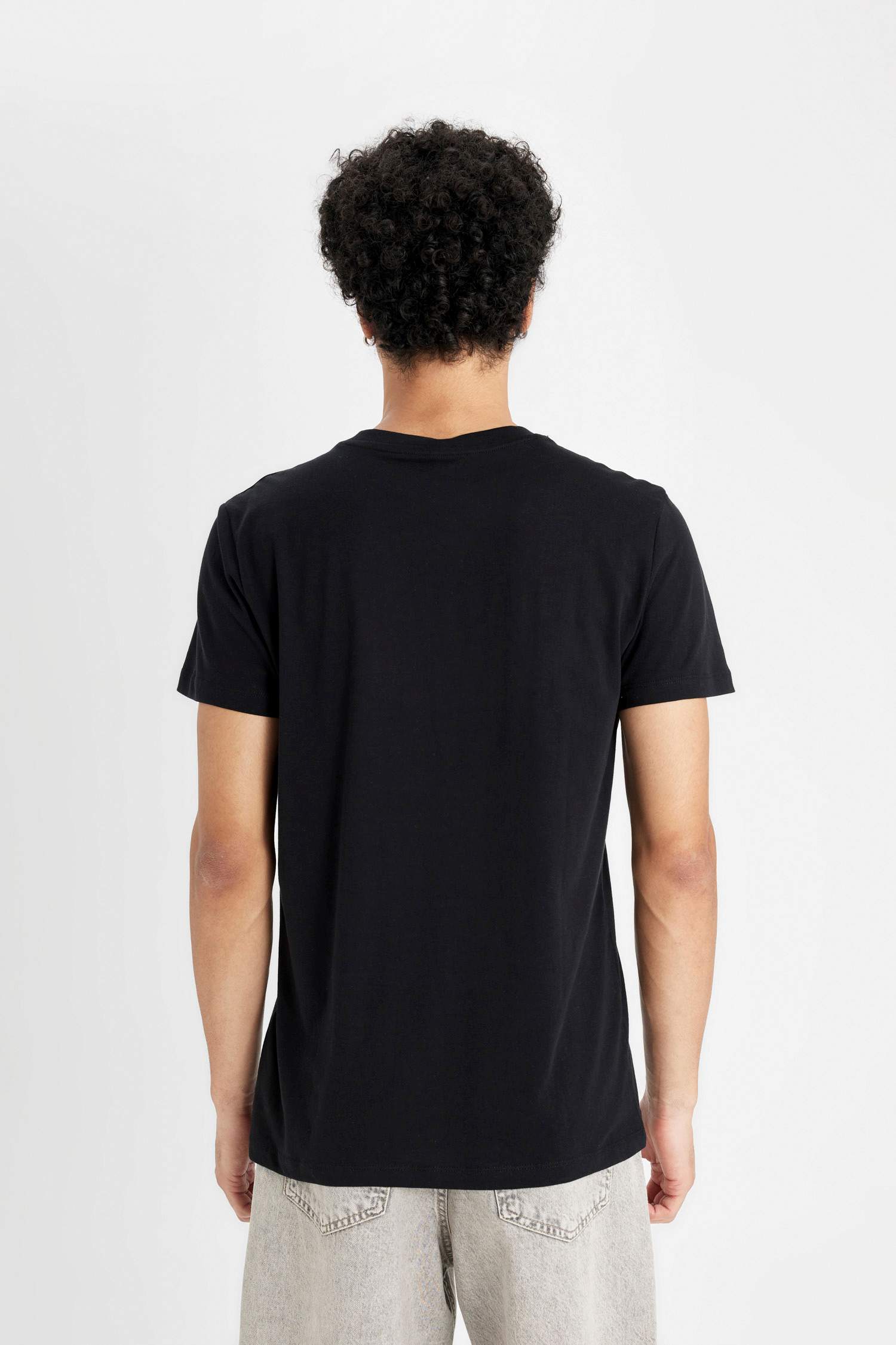 %100 Pamuk Siyah Slim Fit Dar Kesim Bisiklet Yaka Baskılı Kısa Kollu Tişört