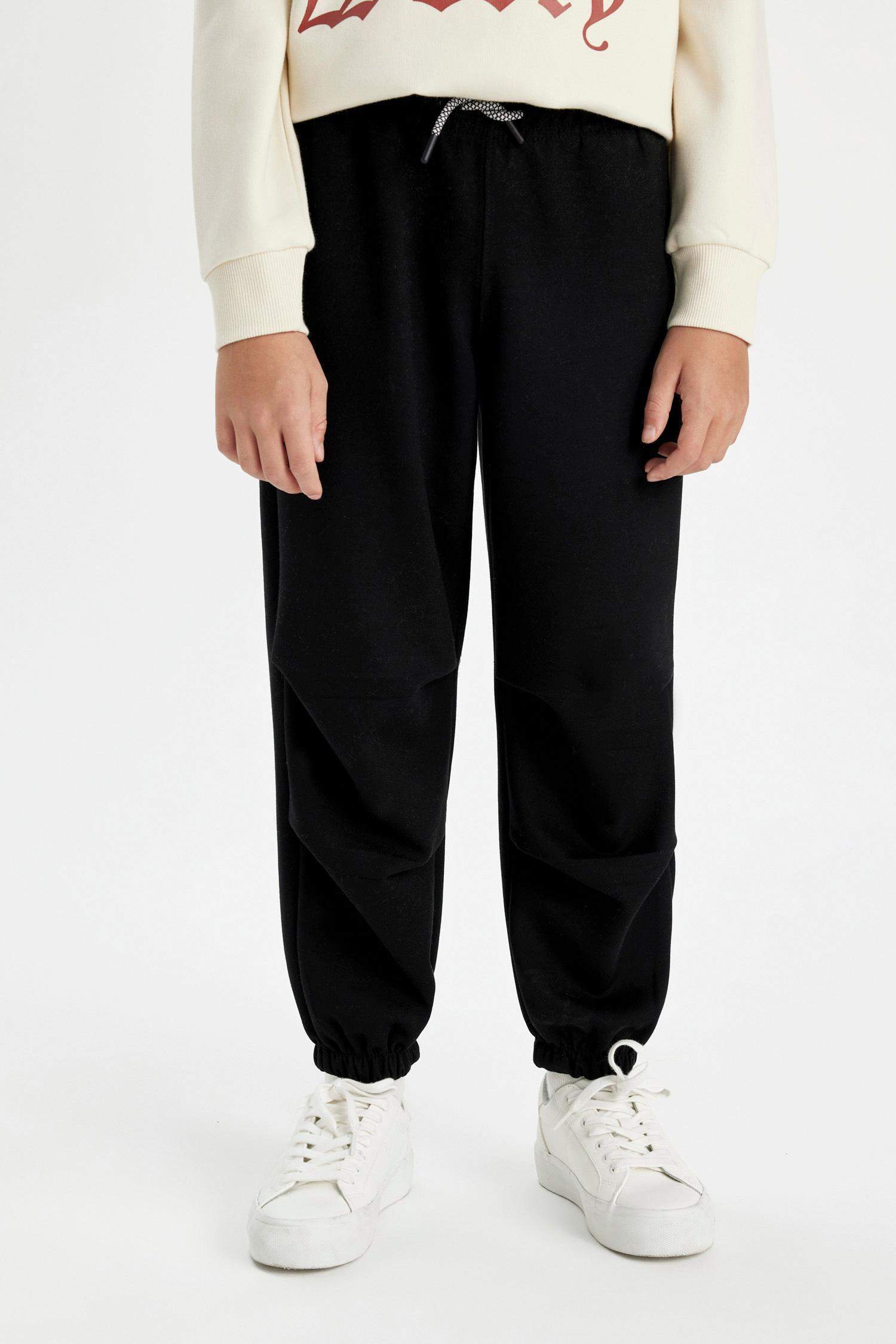 Erkek Çocuk Siyah Beli Paçası Lastikli Cepli Basic Düz Jogger Eşofman Altı