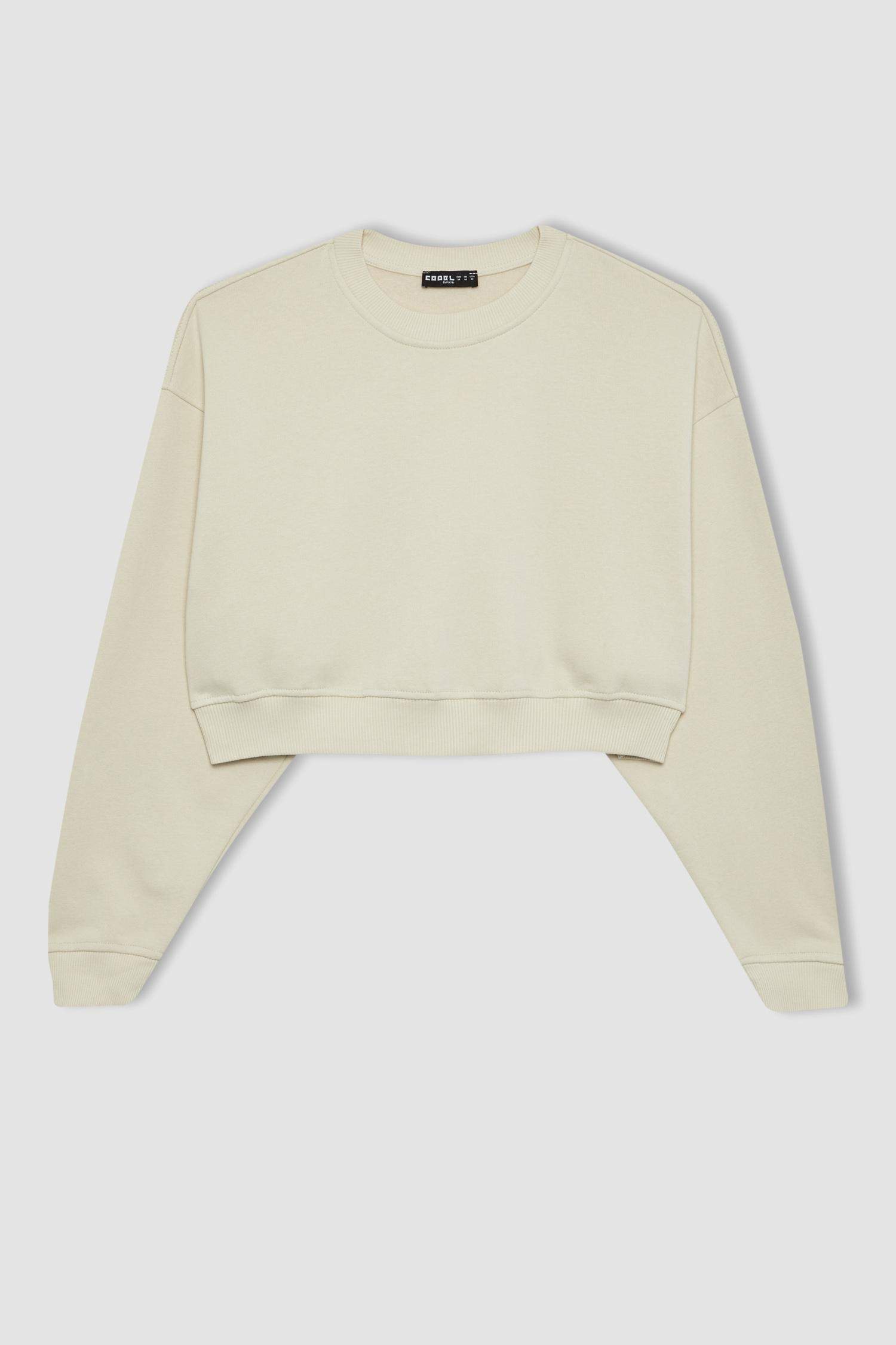 Coool Bisiklet Yaka Crop Basic Düz Sweatshirt
